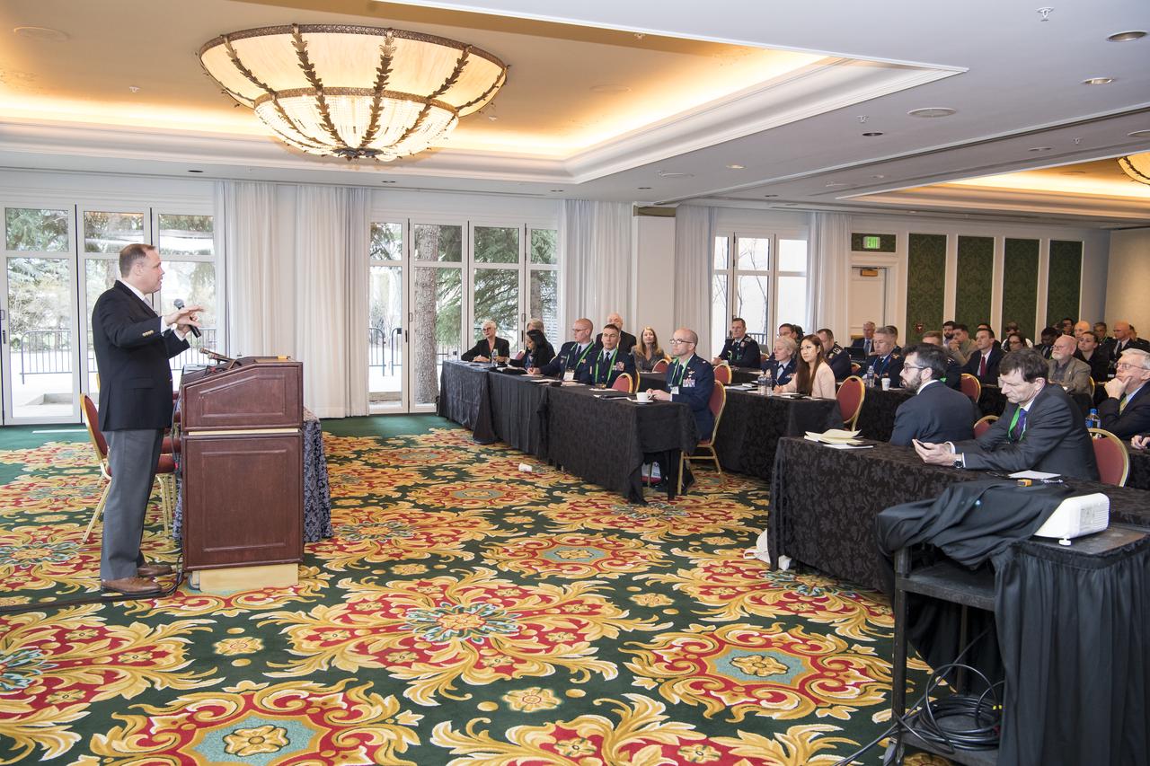 NASA Administrator Jim Bridenstine, speaks during a session on Space Law at the Space Symposium, Monday, April 8, 2019 in Colorado Springs, Colorado. Photo Credit: (NASA/Aubrey Gemignani)