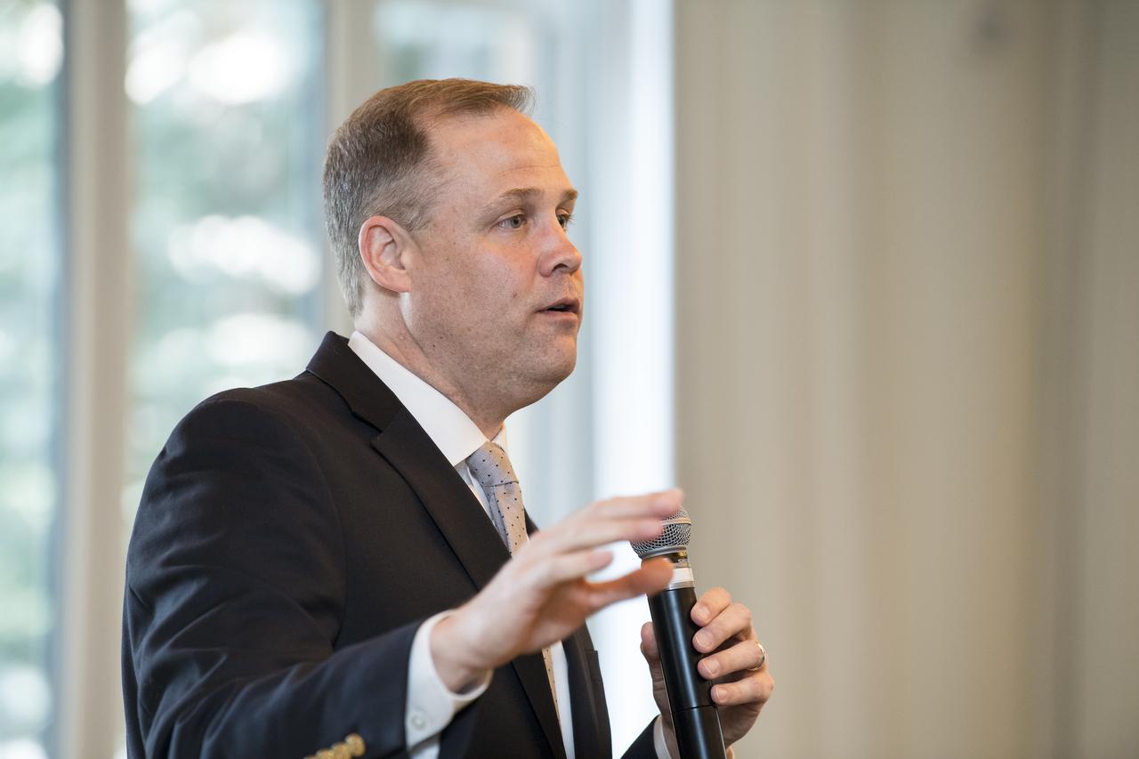 NASA Administrator Jim Bridenstine, speaks during a session on Space Law at the Space Symposium, Monday, April 8, 2019 in Colorado Springs, Colorado. Photo Credit: (NASA/Aubrey Gemignani)