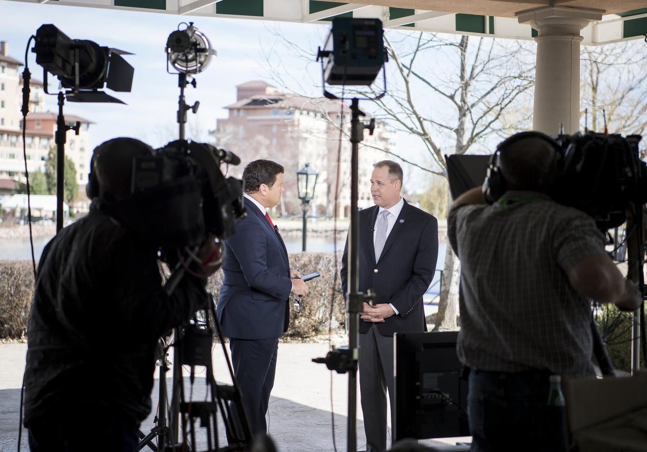 NASA Administrator Jim Bridenstine is interviewed by Bret Baier of Fox News at the Space Symposium, Monday, April 8, 2019 in Colorado Springs, Colorado. Photo Credit: (NASA/Aubrey Gemignani)