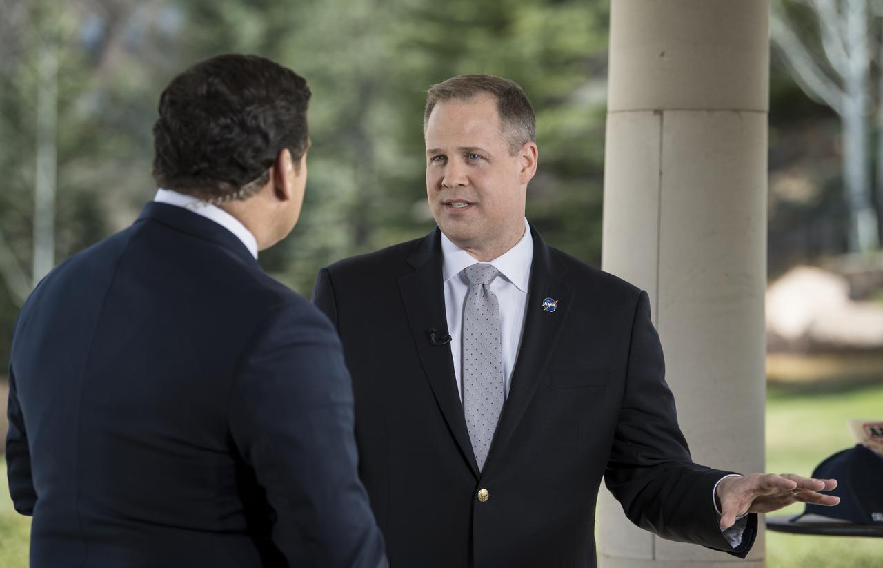 NASA Administrator Jim Bridenstine is interviewed by Bret Baier of Fox News at the Space Symposium, Monday, April 8, 2019 in Colorado Springs, Colorado. Photo Credit: (NASA/Aubrey Gemignani)