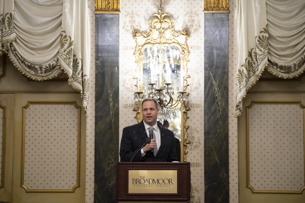 NASA Administrator Jim Bridenstine gives remarks at an agency meeting at the Space Symposium, Monday, April 8, 2019, at the Broadmoor Hotel in Colorado Springs, Colorado. Senior NASA officials from NASA centers around the country were in attendance. Photo credit: (NASA/Aubrey Gemignani)