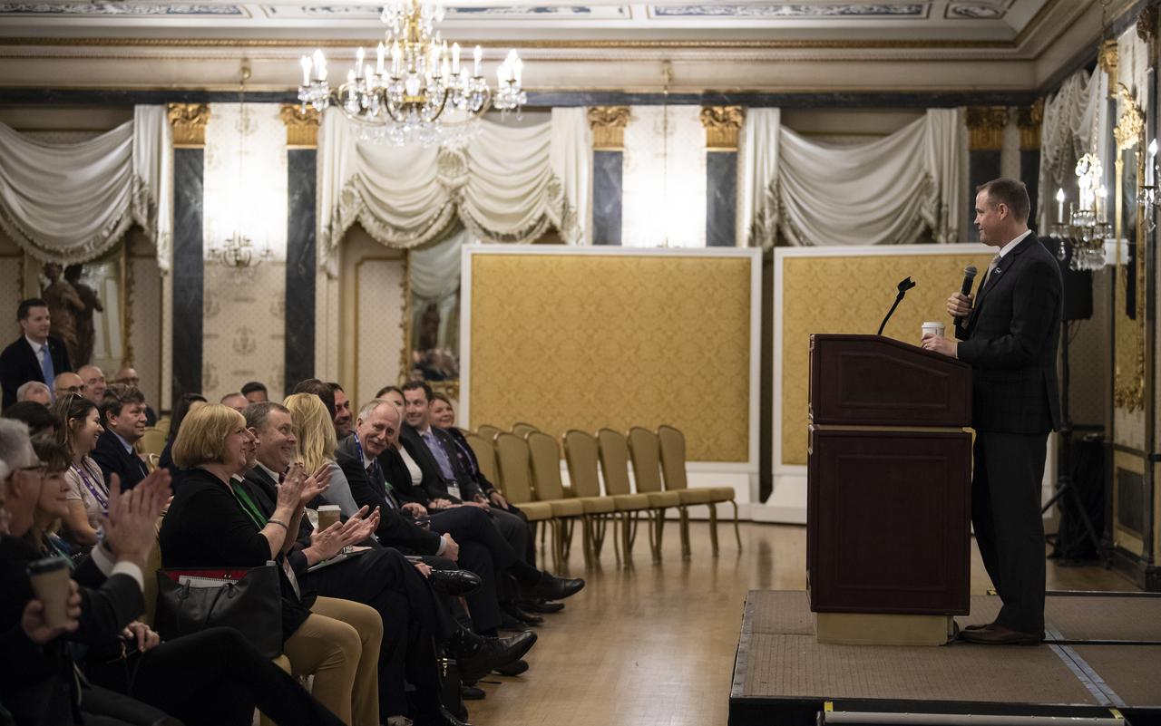 NASA Administrator Jim Bridenstine gives remarks at an agency meeting at the Space Symposium, Monday, April 8, 2019, at the Broadmoor Hotel in Colorado Springs, Colorado. Senior NASA officials from NASA centers around the country were in attendance. Photo credit: (NASA/Aubrey Gemignani)