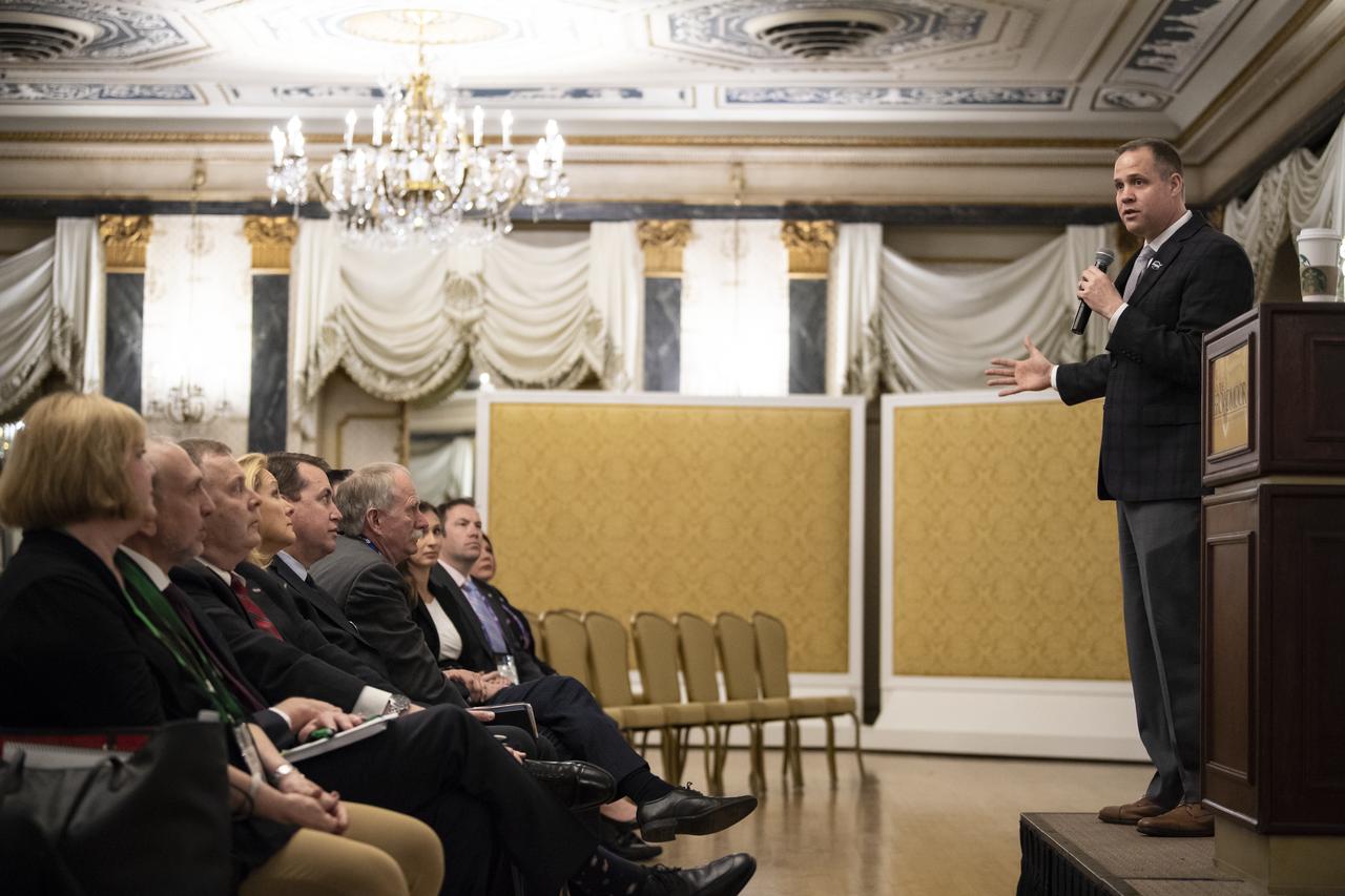NASA Administrator Jim Bridenstine gives remarks at an agency meeting at the Space Symposium, Monday, April 8, 2019, at the Broadmoor Hotel in Colorado Springs, Colorado. Senior NASA officials from NASA centers around the country were in attendance. Photo credit: (NASA/Aubrey Gemignani)