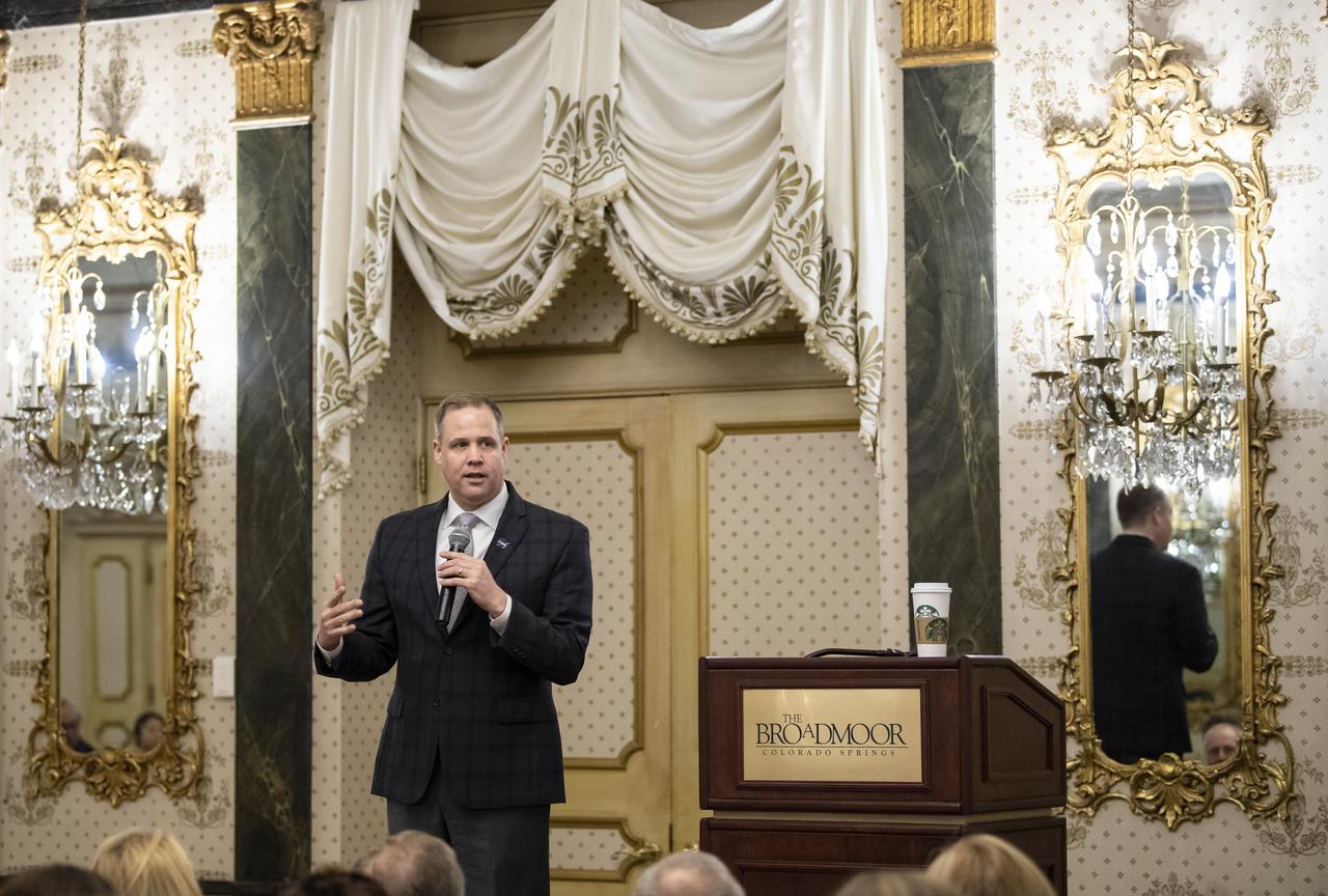 NASA Administrator Jim Bridenstine gives remarks at an agency meeting at the Space Symposium, Monday, April 8, 2019, at the Broadmoor Hotel in Colorado Springs, Colorado. Senior NASA officials from NASA centers around the country were in attendance. Photo credit: (NASA/Aubrey Gemignani)
