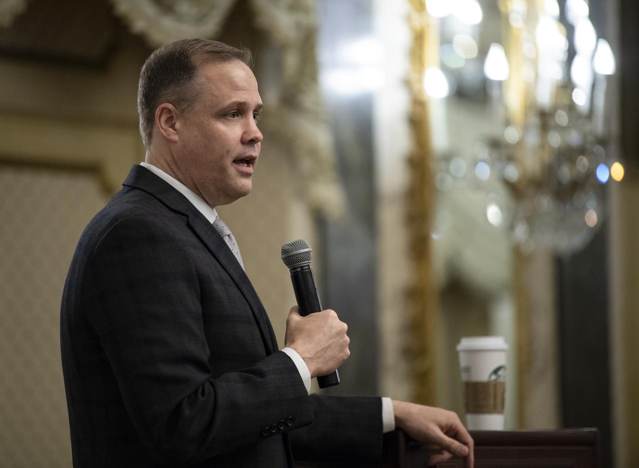 NASA Administrator Jim Bridenstine gives remarks at an agency meeting at the Space Symposium, Monday, April 8, 2019, at the Broadmoor Hotel in Colorado Springs, Colorado. Senior NASA officials from NASA centers around the country were in attendance. Photo credit: (NASA/Aubrey Gemignani)