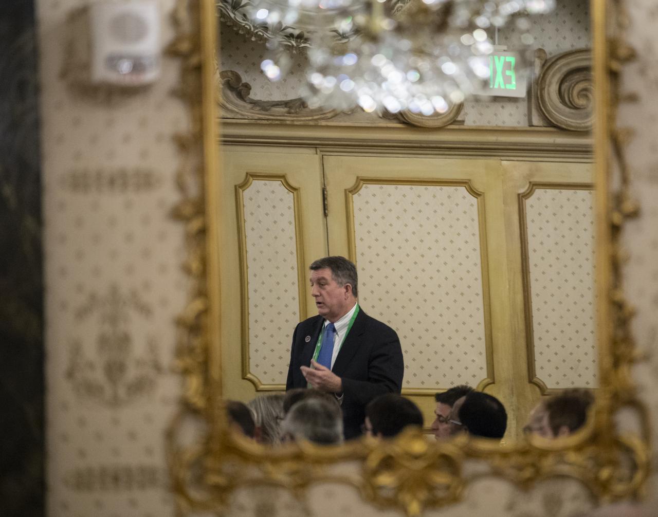Kirk Shireman, ISS Program Manager, answers a question from NASA Administrator Jim Bridenstine during an agency meeting at the Space Symposium, Monday, April 8, 2019, at the Broadmoor Hotel in Colorado Springs, Colorado. Senior NASA officials from NASA centers around the country were in attendance. Photo credit: (NASA/Aubrey Gemignani)