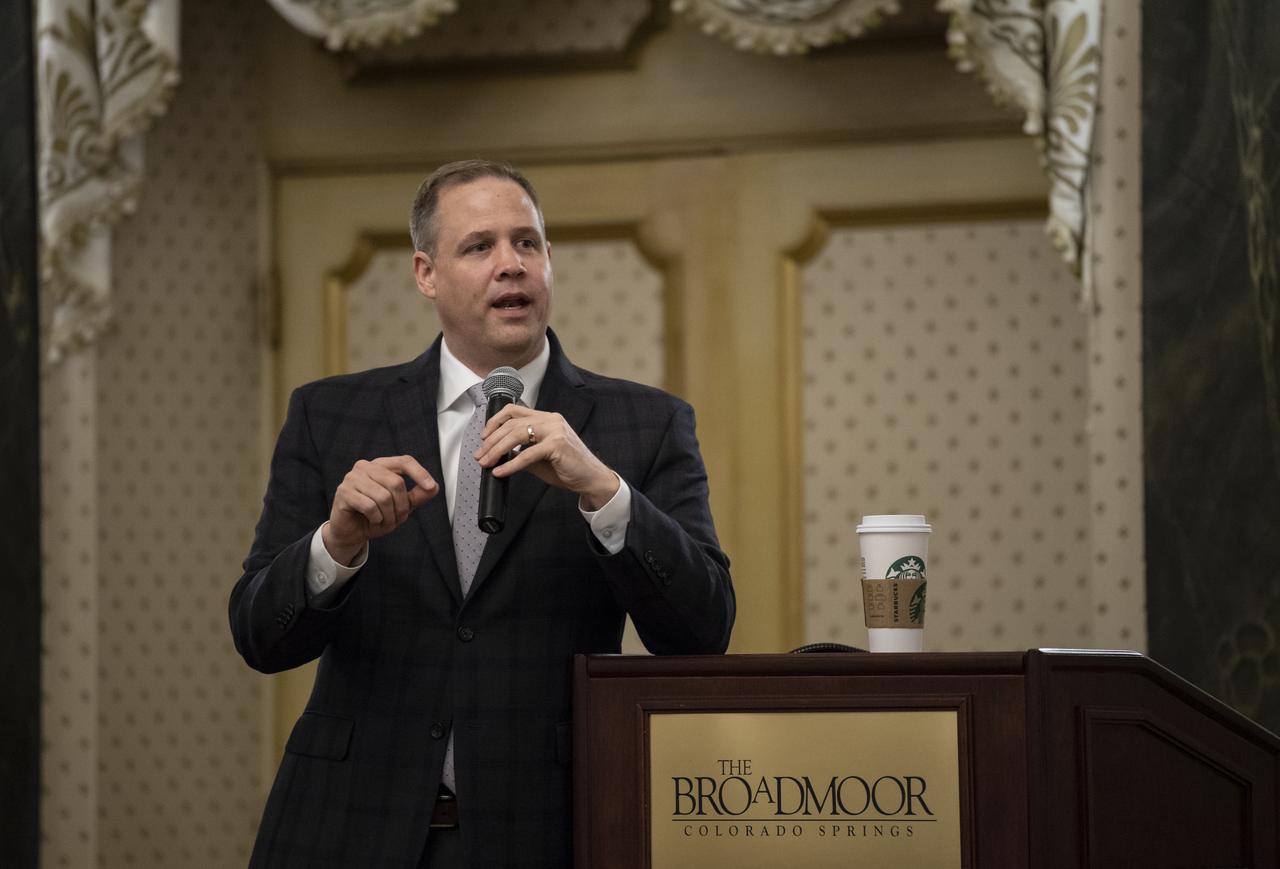 NASA Administrator Jim Bridenstine gives remarks at an agency meeting at the Space Symposium, Monday, April 8, 2019, at the Broadmoor Hotel in Colorado Springs, Colorado. Senior NASA officials from NASA centers around the country were in attendance. Photo credit: (NASA/Aubrey Gemignani)