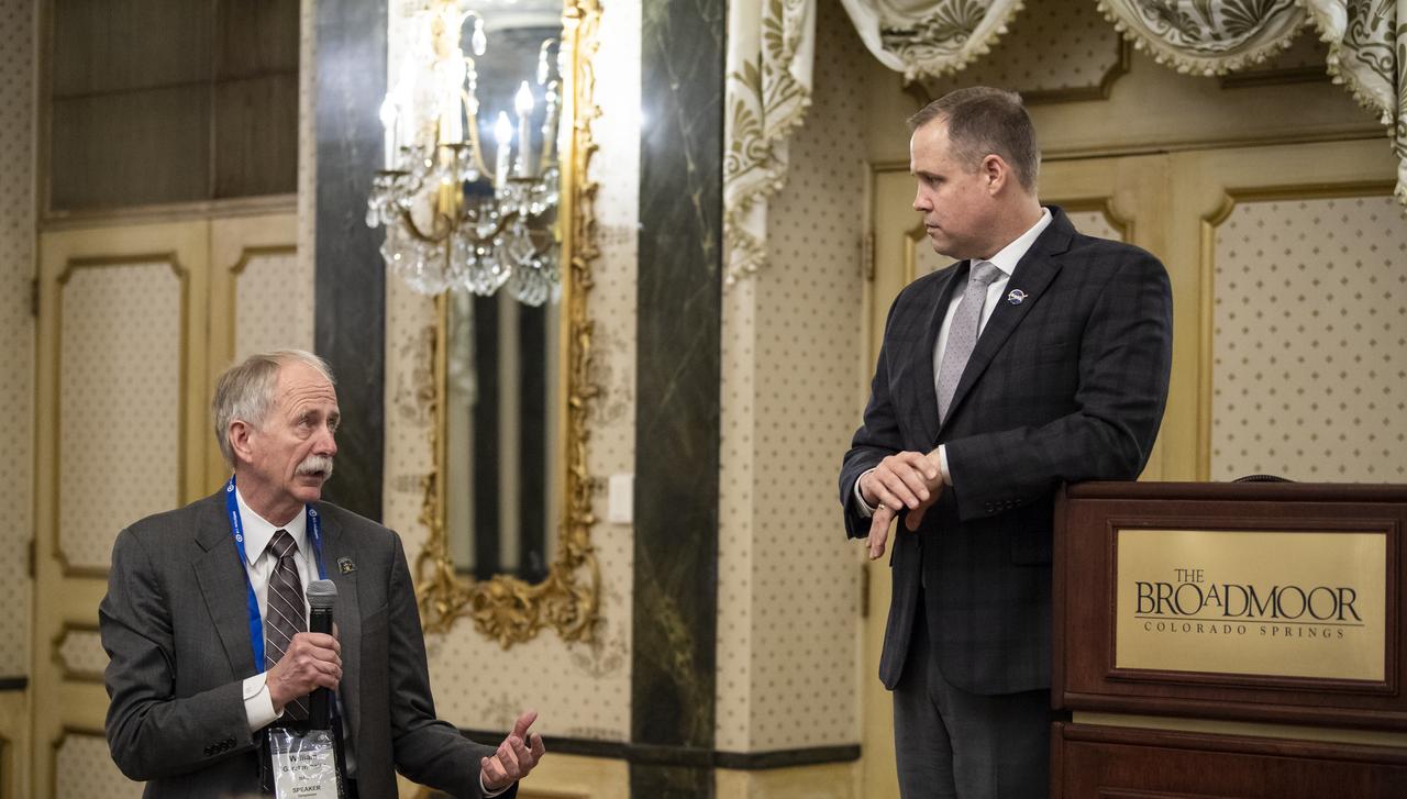 NASA Administrator Jim Bridenstine listens as Bill Gerstenmaier, associate administrator for the Human Exploration and Operations (HEO) directorate gives updates on HEO priorities at an agency meeting at the Space Symposium, Monday, April 8, 2019, at the Broadmoor Hotel in Colorado Springs, Colorado. Senior NASA officials from NASA centers around the country were in attendance. Photo credit: (NASA/Aubrey Gemignani)