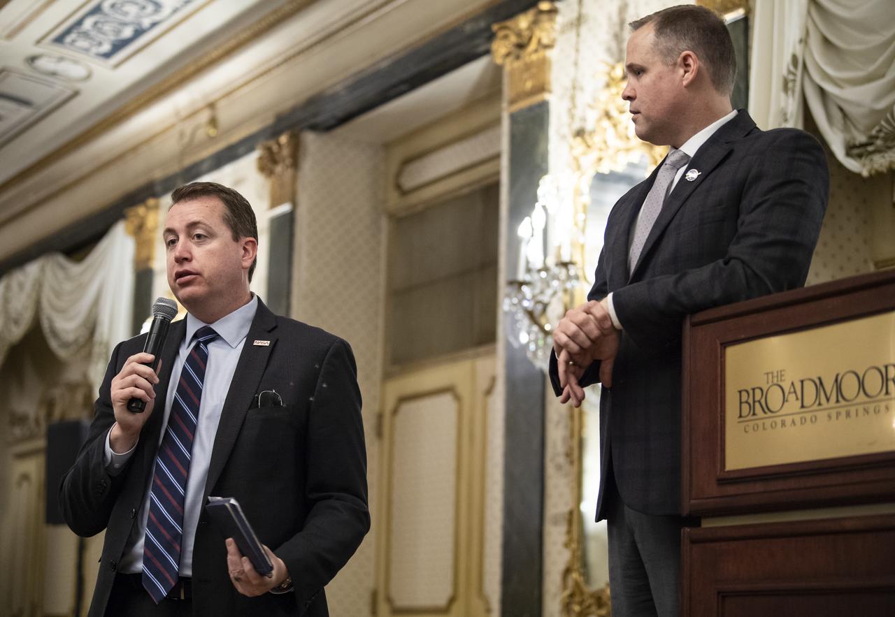 NASA Administrator Jim Bridenstine, right, listens as NASA Chief Financial Officer, Jeff DeWitt, provides financial updates at an agency meeting at the Space Symposium, Monday, April 8, 2019, at the Broadmoor Hotel in Colorado Springs, Colorado. NASA officials from NASA centers around the country were in attendance. Photo credit: (NASA/Aubrey Gemignani)