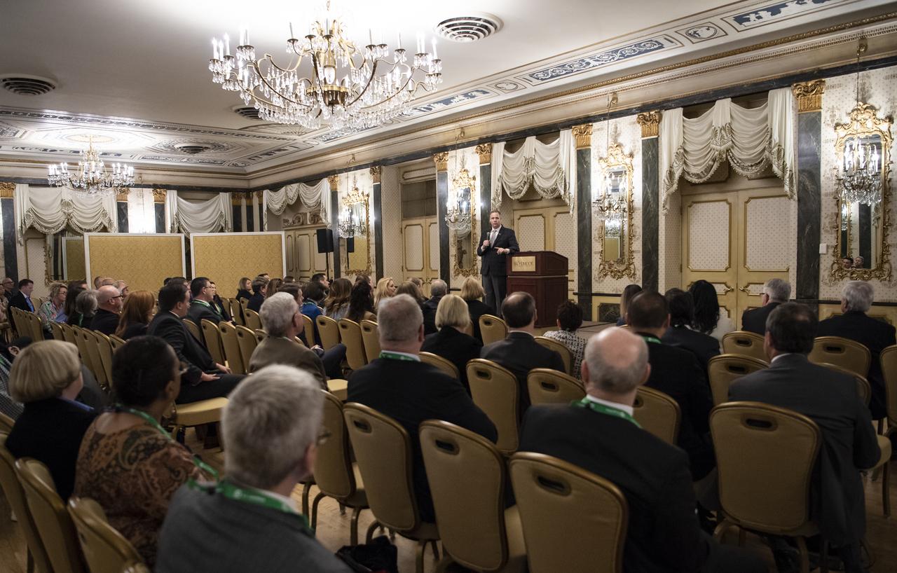 NASA Administrator Jim Bridenstine gives remarks at an agency meeting at the Space Symposium, Monday, April 8, 2019, at the Broadmoor Hotel in Colorado Springs, Colorado. NASA officials from NASA centers around the country were in attendance. Photo credit: (NASA/Aubrey Gemignani)