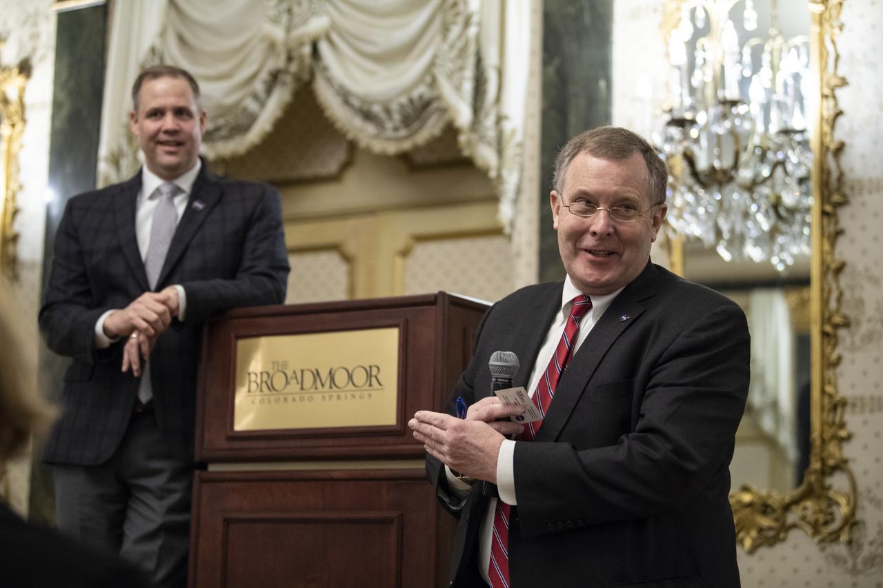 NASA Deputy Administrator Jim Morhard gives remarks at an agency meeting at the Space Symposium, Monday, April 8, 2019, at the Broadmoor Hotel in Colorado Springs, Colorado. NASA officials from NASA centers around the country were in attendance. Photo credit: (NASA/Aubrey Gemignani)