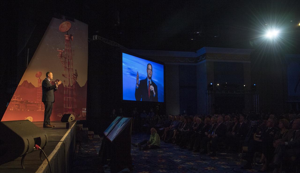 NASA Administrator Jim Bridenstine gives keynote remarks at the Space Symposium, Tuesday, April 9, 2019, at Broadmoor Hall in Colorado Springs, Colorado. Representatives from the space industry, military, and news media were in attendance. Photo credit: (NASA/Aubrey Gemignani)