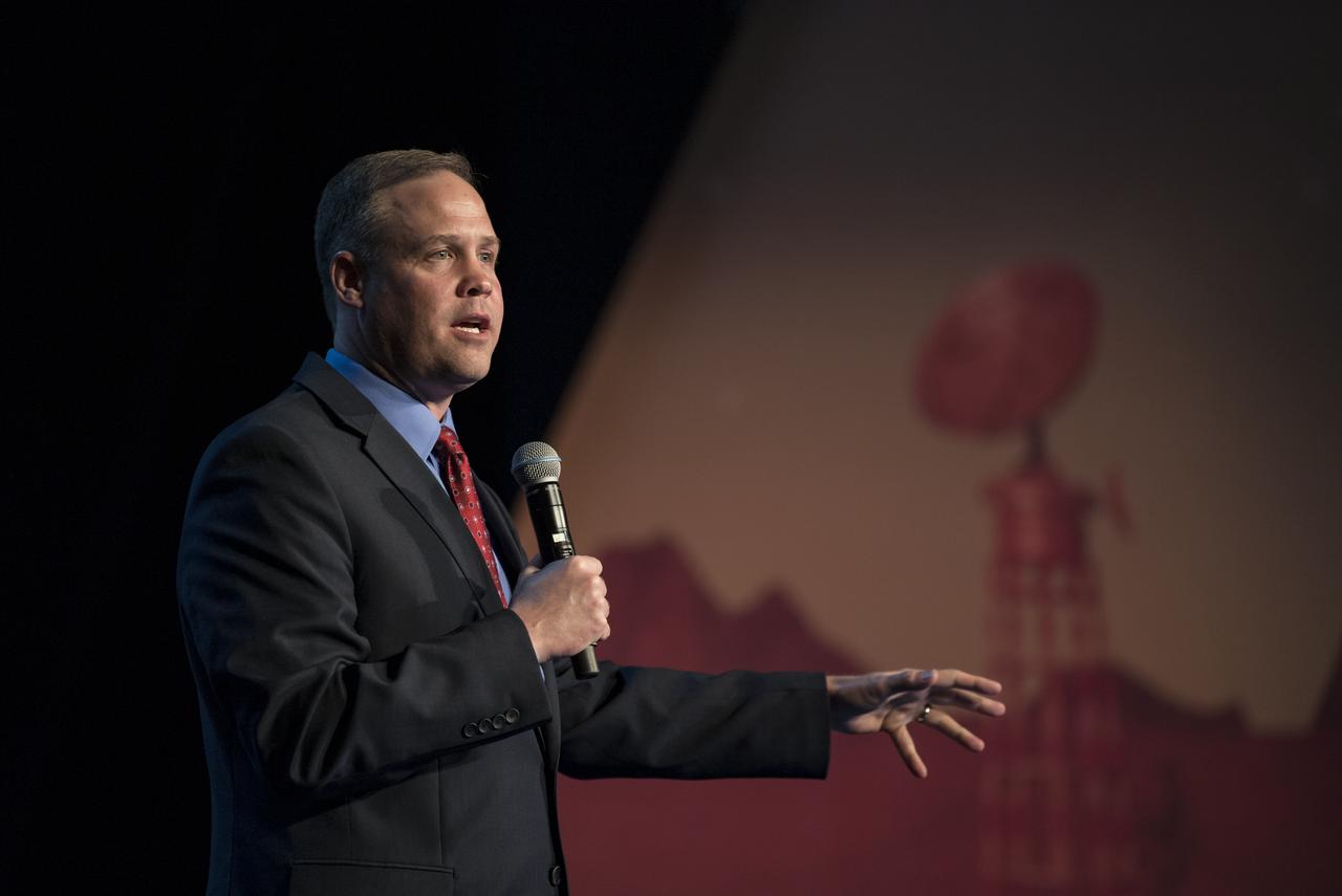 NASA Administrator Jim Bridenstine gives keynote remarks at the Space Symposium, Tuesday, April 9, 2019, at Broadmoor Hall in Colorado Springs, Colorado. Representatives from the space industry, military, and news media were in attendance. Photo credit: (NASA/Aubrey Gemignani)