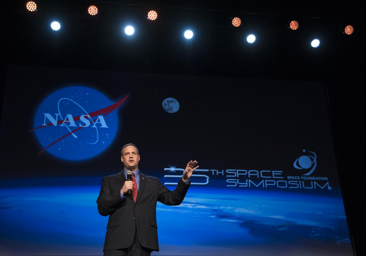 NASA Administrator Jim Bridenstine gives keynote remarks at the Space Symposium, Tuesday, April 9, 2019, at Broadmoor Hall in Colorado Springs, Colorado. Representatives from the space industry, military, and news media were in attendance. Photo credit: (NASA/Aubrey Gemignani)