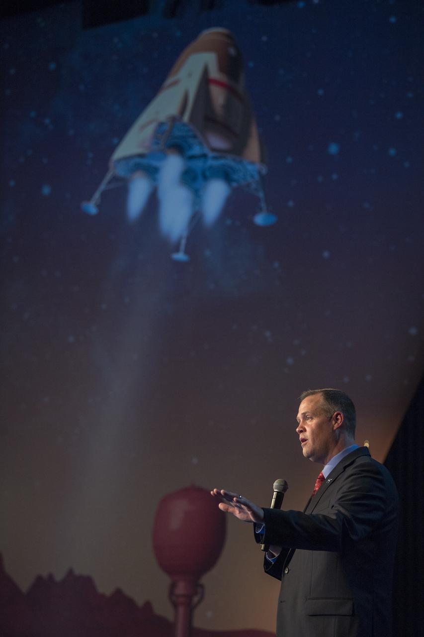 NASA Administrator Jim Bridenstine gives keynote remarks at the Space Symposium, Tuesday, April 9, 2019, at Broadmoor Hall in Colorado Springs, Colorado. Representatives from the space industry, military, and news media were in attendance. Photo credit: (NASA/Aubrey Gemignani)