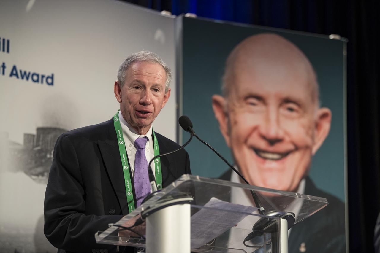 Former NASA Administrator Mike Griffin introduces General Thomas Patten Stafford, former NASA astronaut, Air Force officer and test pilot speaks at an event where he received the General James E. Hill Lifetime Achievement Award, at the Space Symposium, Tuesday, April 9, 2019, at Broadmoor Hall in Colorado Springs, Colorado. Former and current NASA Administrators were in attendance. Photo credit: (NASA/Aubrey Gemignani)