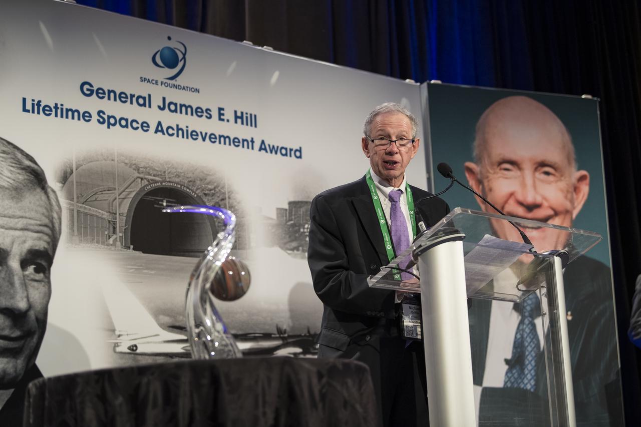 Former NASA Administrator Mike Griffin introduces General Thomas Patten Stafford, former NASA astronaut, Air Force officer and test pilot speaks at an event where he received the General James E. Hill Lifetime Achievement Award, at the Space Symposium, Tuesday, April 9, 2019, at Broadmoor Hall in Colorado Springs, Colorado. Former and current NASA Administrators were in attendance. Photo credit: (NASA/Aubrey Gemignani)