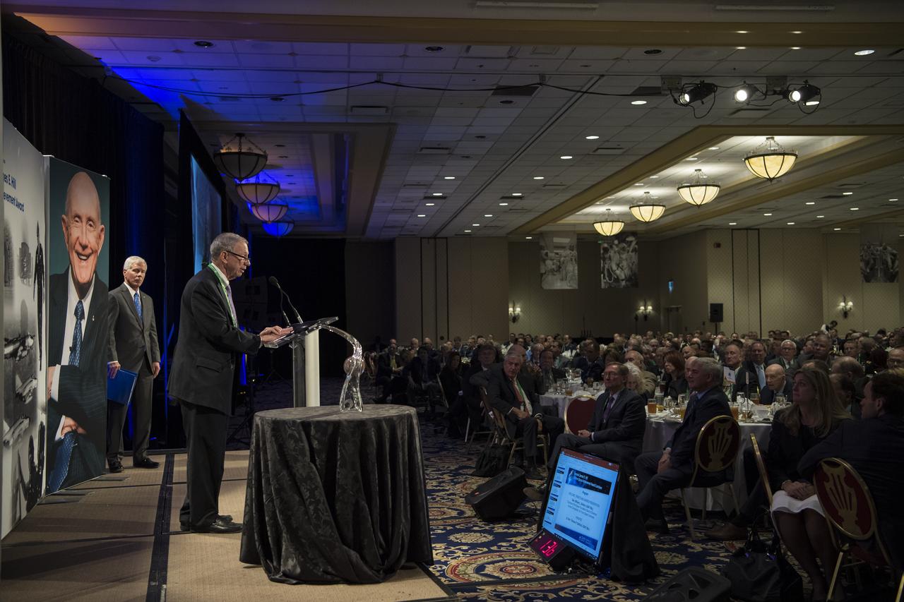 Former NASA Administrator Mike Griffin introduces General Thomas Patten Stafford, former NASA astronaut, Air Force officer and test pilot speaks at an event where he received the General James E. Hill Lifetime Achievement Award, at the Space Symposium, Tuesday, April 9, 2019, at Broadmoor Hall in Colorado Springs, Colorado. Former and current NASA Administrators were in attendance. Photo credit: (NASA/Aubrey Gemignani)