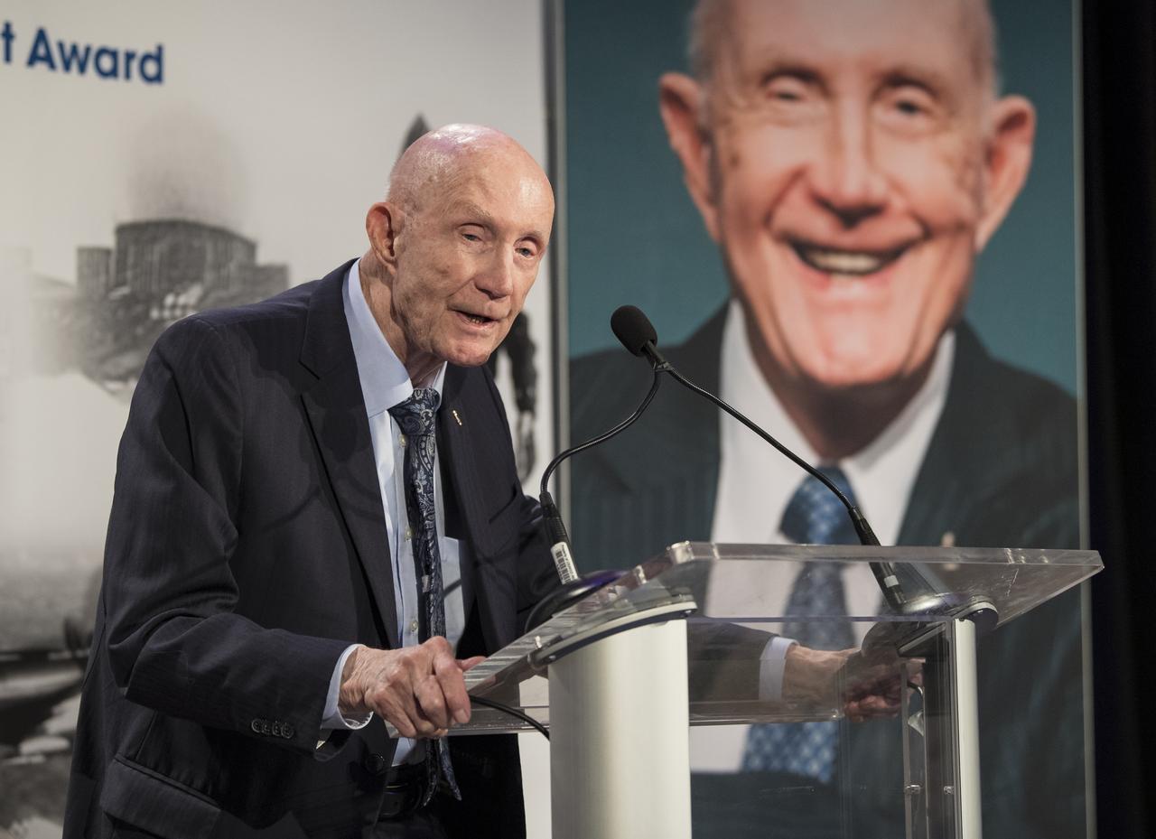 General Thomas Patten Stafford, former NASA astronaut, Air Force officer and test pilot speaks at an event where he received the General James E. Hill Lifetime Achievement Award, at the Space Symposium, Tuesday, April 9, 2019, at Broadmoor Hall in Colorado Springs, Colorado. Former and current NASA Administrators were in attendance. Photo credit: (NASA/Aubrey Gemignani)