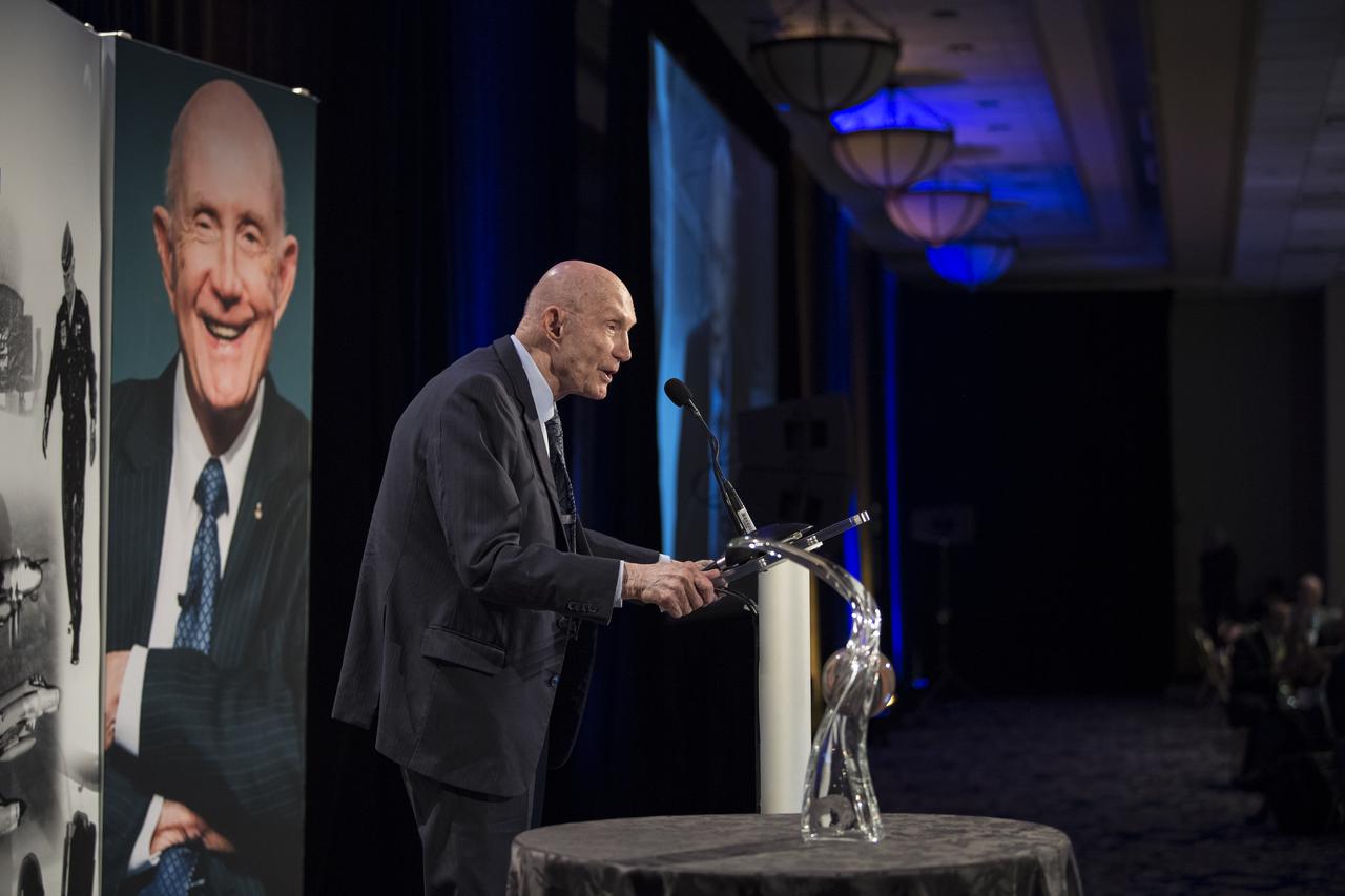 General Thomas Patten Stafford, former NASA astronaut, Air Force officer and test pilot speaks at an event where he received the General James E. Hill Lifetime Achievement Award, at the Space Symposium, Tuesday, April 9, 2019, at Broadmoor Hall in Colorado Springs, Colorado. Former and current NASA Administrators were in attendance. Photo credit: (NASA/Aubrey Gemignani)