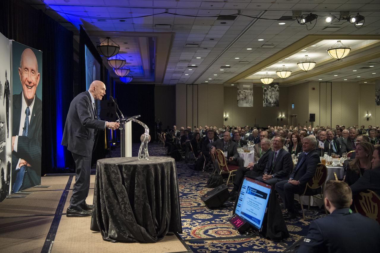 General Thomas Patten Stafford, former NASA astronaut, Air Force officer and test pilot speaks at an event where he received the General James E. Hill Lifetime Achievement Award, at the Space Symposium, Tuesday, April 9, 2019, at Broadmoor Hall in Colorado Springs, Colorado. Former and current NASA Administrators were in attendance. Photo credit: (NASA/Aubrey Gemignani)