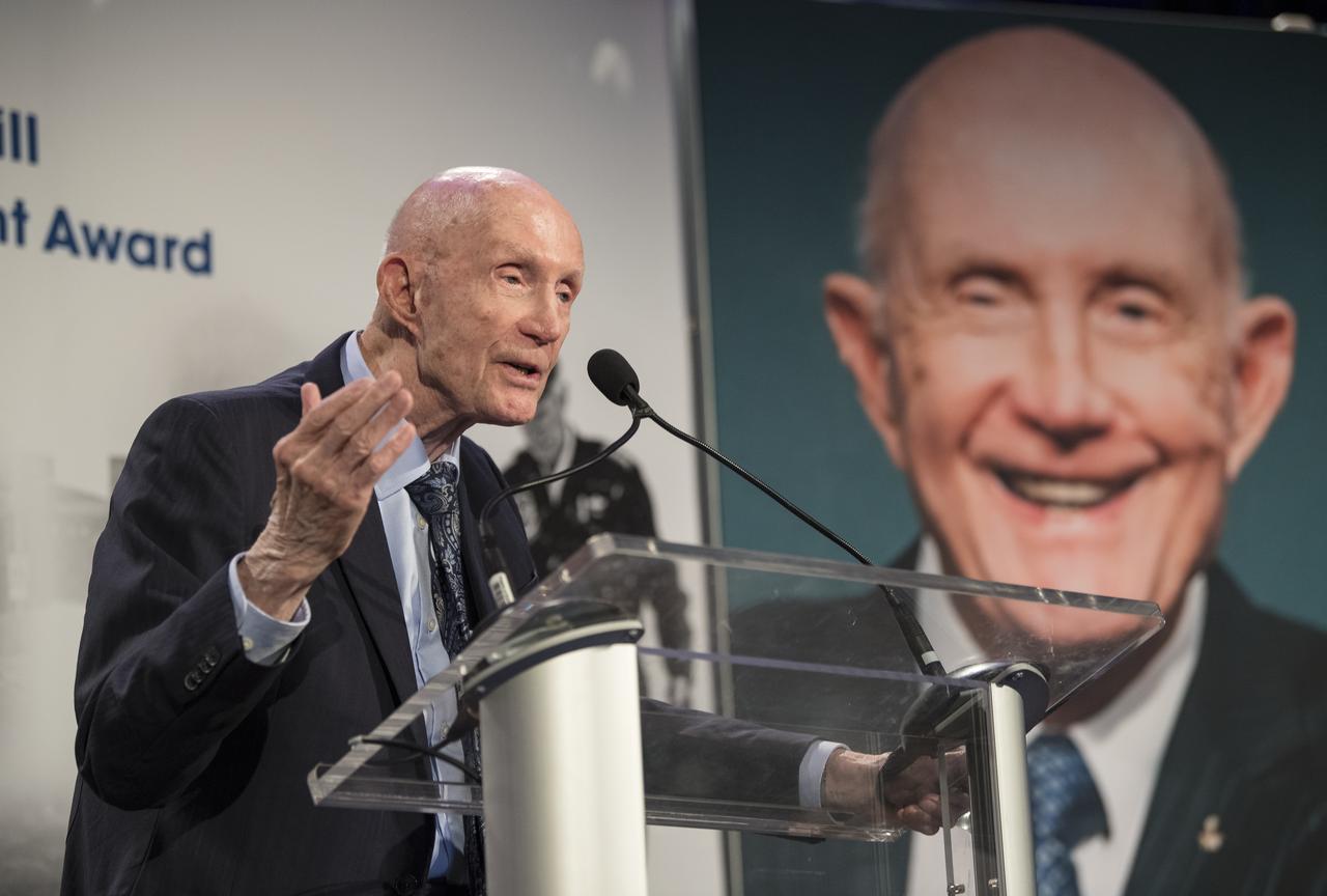 General Thomas Patten Stafford, former NASA astronaut, Air Force officer and test pilot speaks at an event where he received the General James E. Hill Lifetime Achievement Award, at the Space Symposium, Tuesday, April 9, 2019, at Broadmoor Hall in Colorado Springs, Colorado. Former and current NASA Administrators were in attendance. Photo credit: (NASA/Aubrey Gemignani)