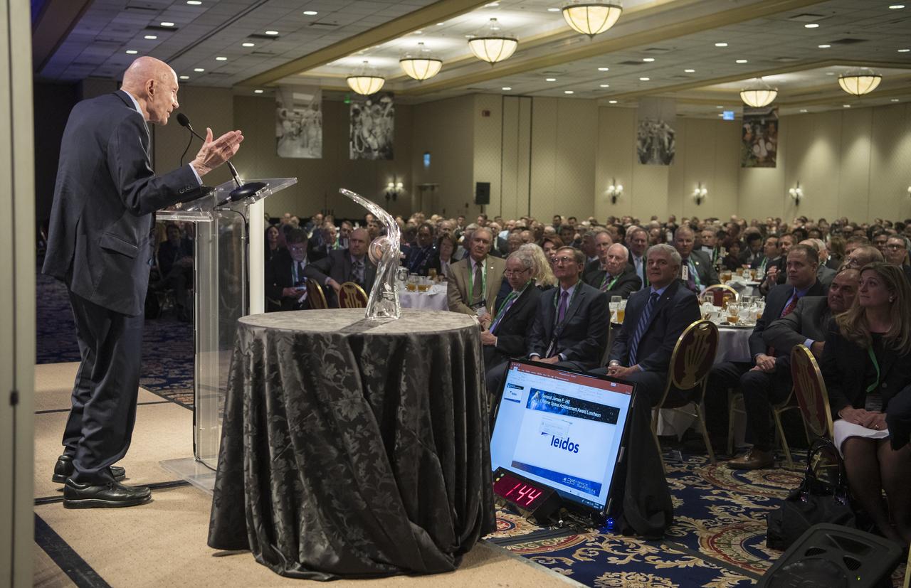 General Thomas Patten Stafford, former NASA astronaut, Air Force officer and test pilot speaks at an event where he received the General James E. Hill Lifetime Achievement Award, at the Space Symposium, Tuesday, April 9, 2019, at Broadmoor Hall in Colorado Springs, Colorado. Former and current NASA Administrators were in attendance. Photo credit: (NASA/Aubrey Gemignani)