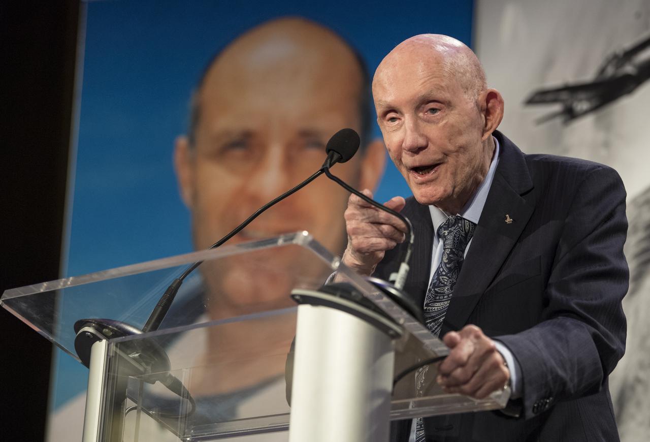 General Thomas Patten Stafford, former NASA astronaut, Air Force officer and test pilot speaks at an event where he received the General James E. Hill Lifetime Achievement Award, at the Space Symposium, Tuesday, April 9, 2019, at Broadmoor Hall in Colorado Springs, Colorado. Former and current NASA Administrators were in attendance. Photo credit: (NASA/Aubrey Gemignani)