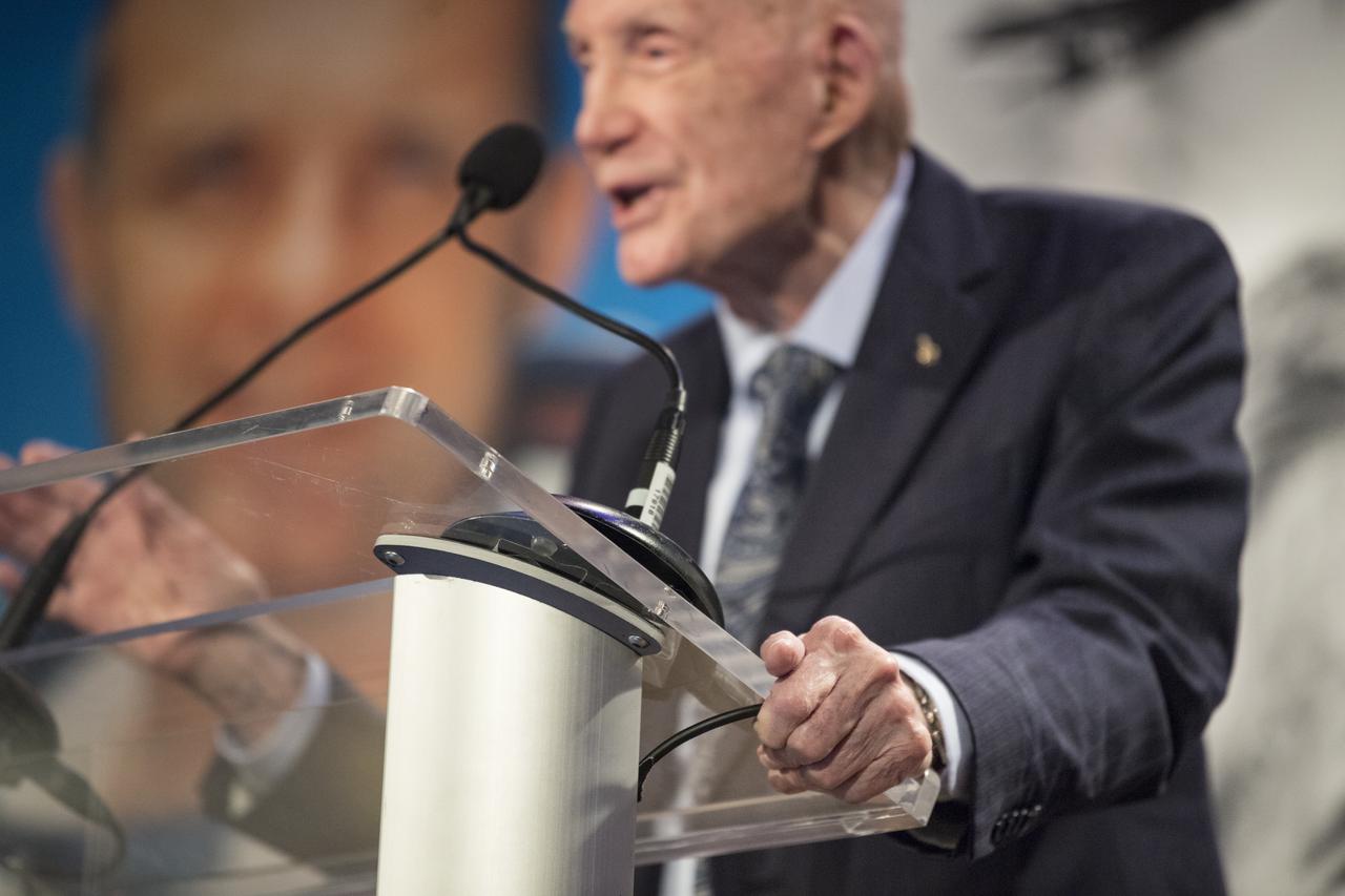 General Thomas Patten Stafford, former NASA astronaut, Air Force officer and test pilot speaks at an event where he received the General James E. Hill Lifetime Achievement Award, at the Space Symposium, Tuesday, April 9, 2019, at Broadmoor Hall in Colorado Springs, Colorado. Former and current NASA Administrators were in attendance. Photo credit: (NASA/Aubrey Gemignani)