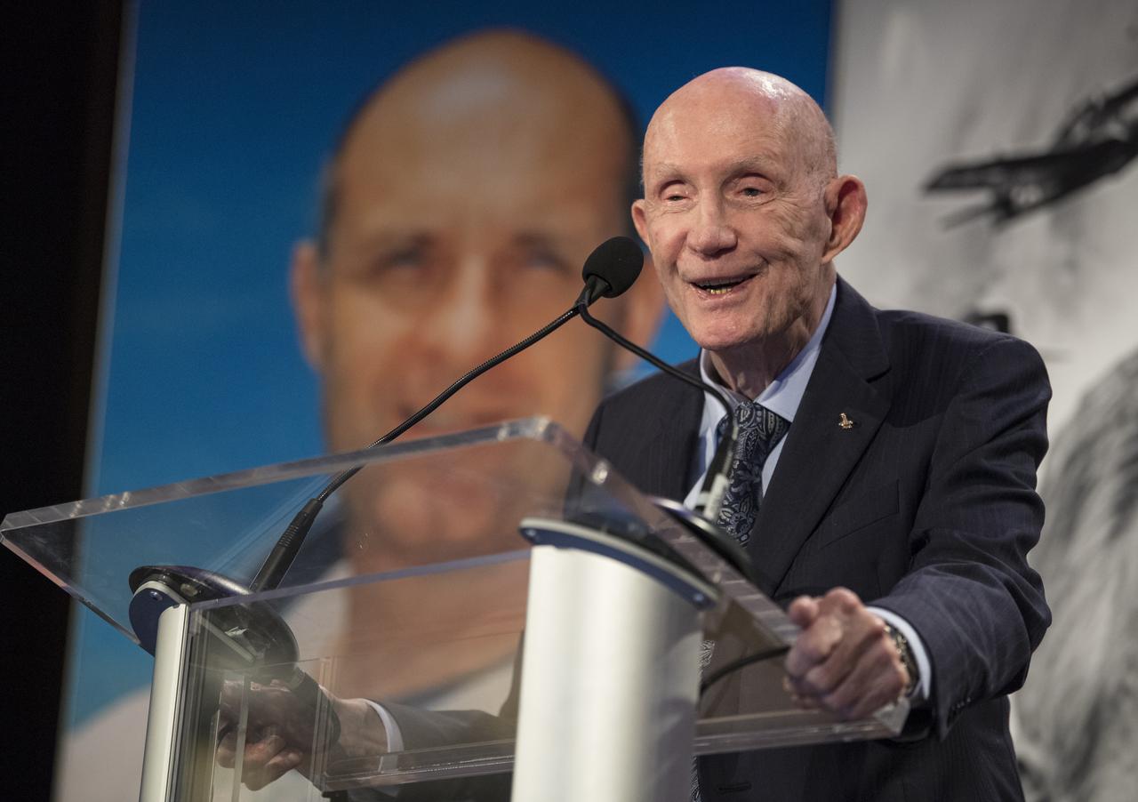 General Thomas Patten Stafford, former NASA astronaut, Air Force officer and test pilot speaks at an event where he received the General James E. Hill Lifetime Achievement Award, at the Space Symposium, Tuesday, April 9, 2019, at Broadmoor Hall in Colorado Springs, Colorado. Former and current NASA Administrators were in attendance. Photo credit: (NASA/Aubrey Gemignani)