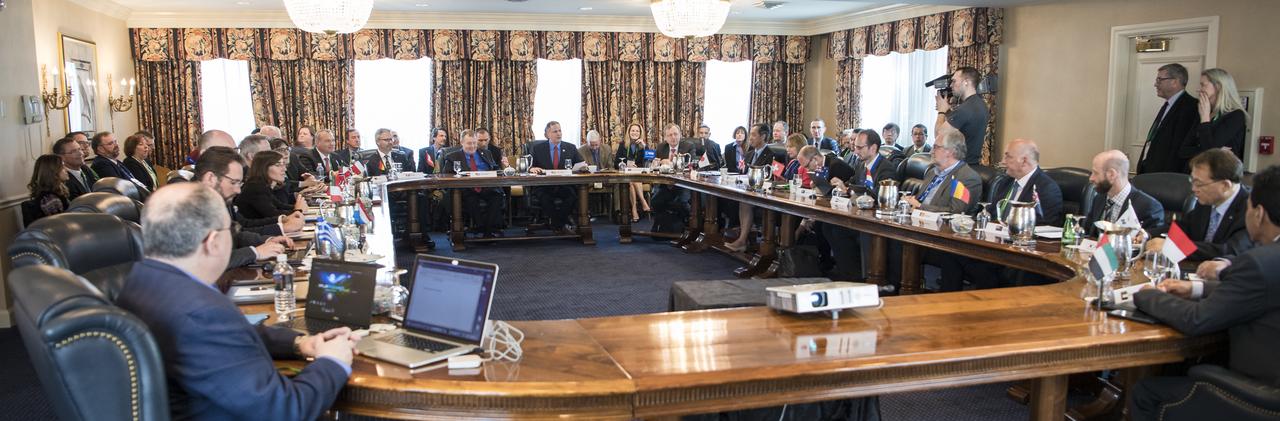 NASA Administrator Jim Bridenstine gives remarks at an International Exploration meeting at the Space Symposium, Tuesday, April 9, 2019, at the Broadmoor Hotel in Colorado Springs, Colorado. NASA employees from NASA centers around the country were in attendance. Photo credit: (NASA/Aubrey Gemignani)