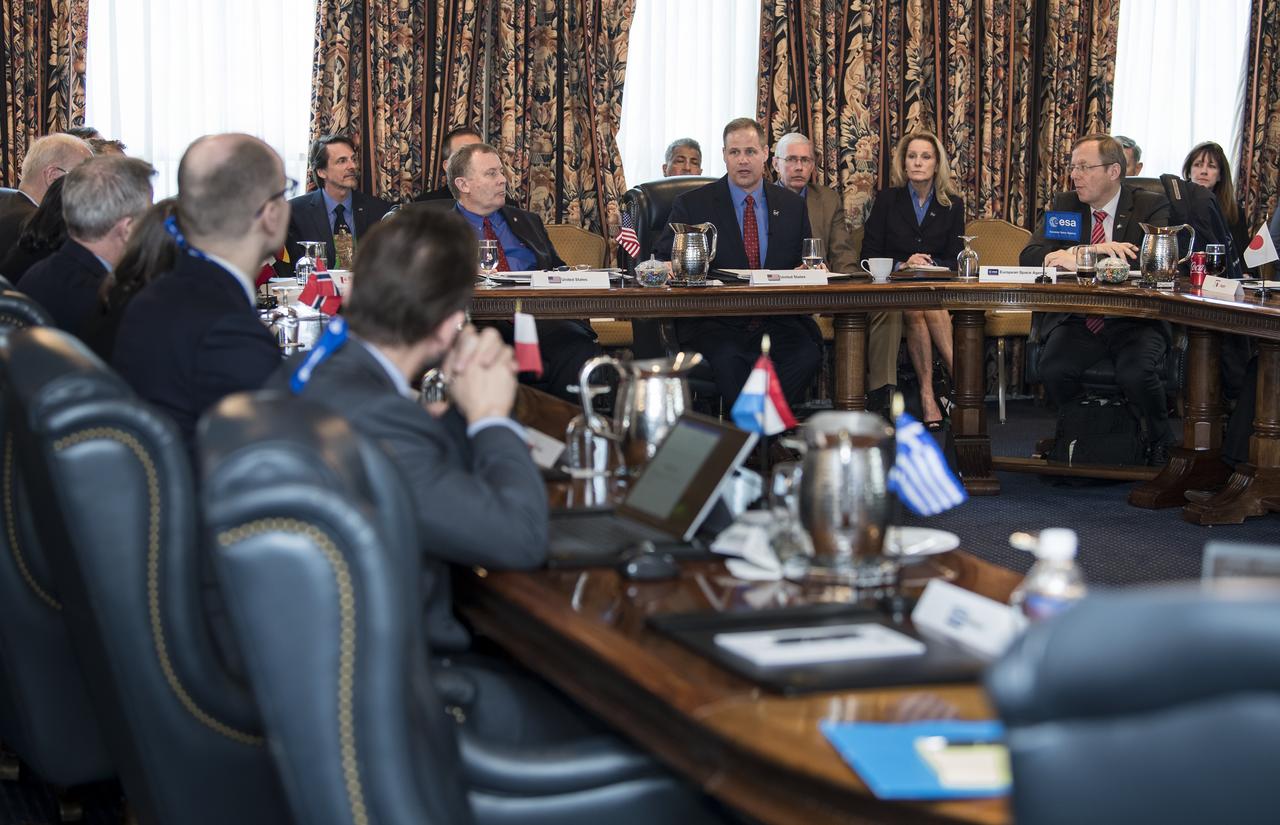 NASA Administrator Jim Bridenstine gives remarks at an International Exploration meeting at the Space Symposium, Tuesday, April 9, 2019, at the Broadmoor Hotel in Colorado Springs, Colorado. NASA employees from NASA centers around the country were in attendance. Photo credit: (NASA/Aubrey Gemignani)