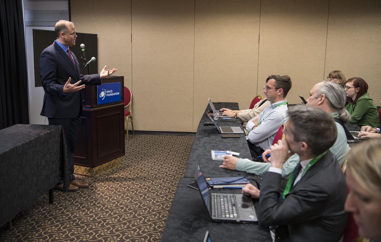 NASA Administrator Jim Bridenstine speaks with media at the Space Symposium, Tuesday, April 9, 2019, at Broadmoor Hall in Colorado Springs, Colorado. Photo credit: (NASA/Aubrey Gemignani)