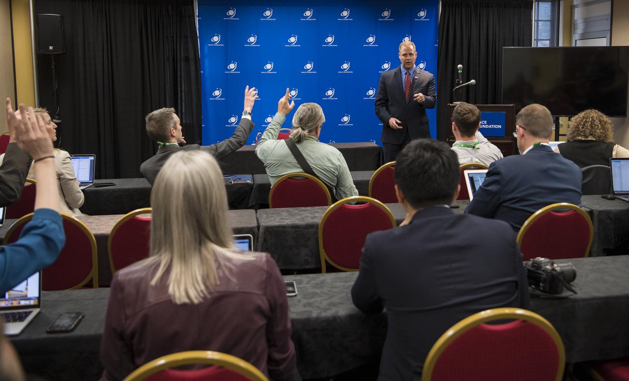 NASA Administrator Jim Bridenstine speaks with media at the Space Symposium, Tuesday, April 9, 2019, at Broadmoor Hall in Colorado Springs, Colorado. Photo credit: (NASA/Aubrey Gemignani)