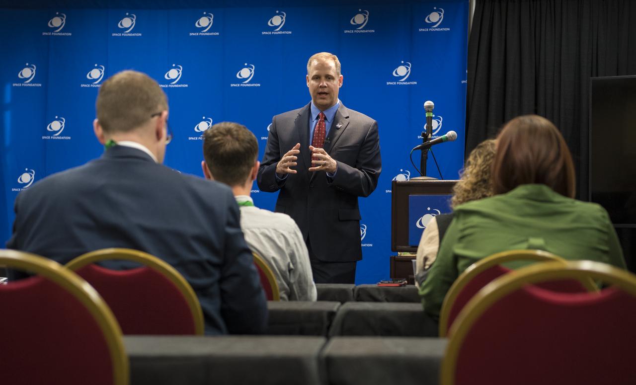 NASA Administrator Jim Bridenstine speaks with media at the Space Symposium, Tuesday, April 9, 2019, at Broadmoor Hall in Colorado Springs, Colorado. Photo credit: (NASA/Aubrey Gemignani)