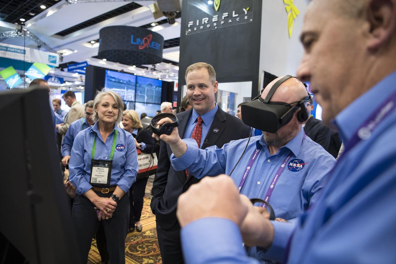 NASA Administrator Jim Bridenstine tours the NASA exhibit at the Space Symposium, Tuesday, April 9, 2019, at Broadmoor Hall in Colorado Springs, Colorado. Photo credit: (NASA/Aubrey Gemignani)