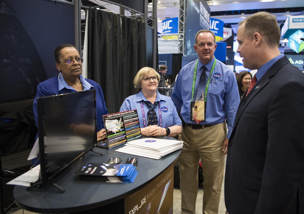 NASA Administrator Jim Bridenstine tours the NASA exhibit at the Space Symposium, Tuesday, April 9, 2019, at Broadmoor Hall in Colorado Springs, Colorado. Photo credit: (NASA/Aubrey Gemignani)