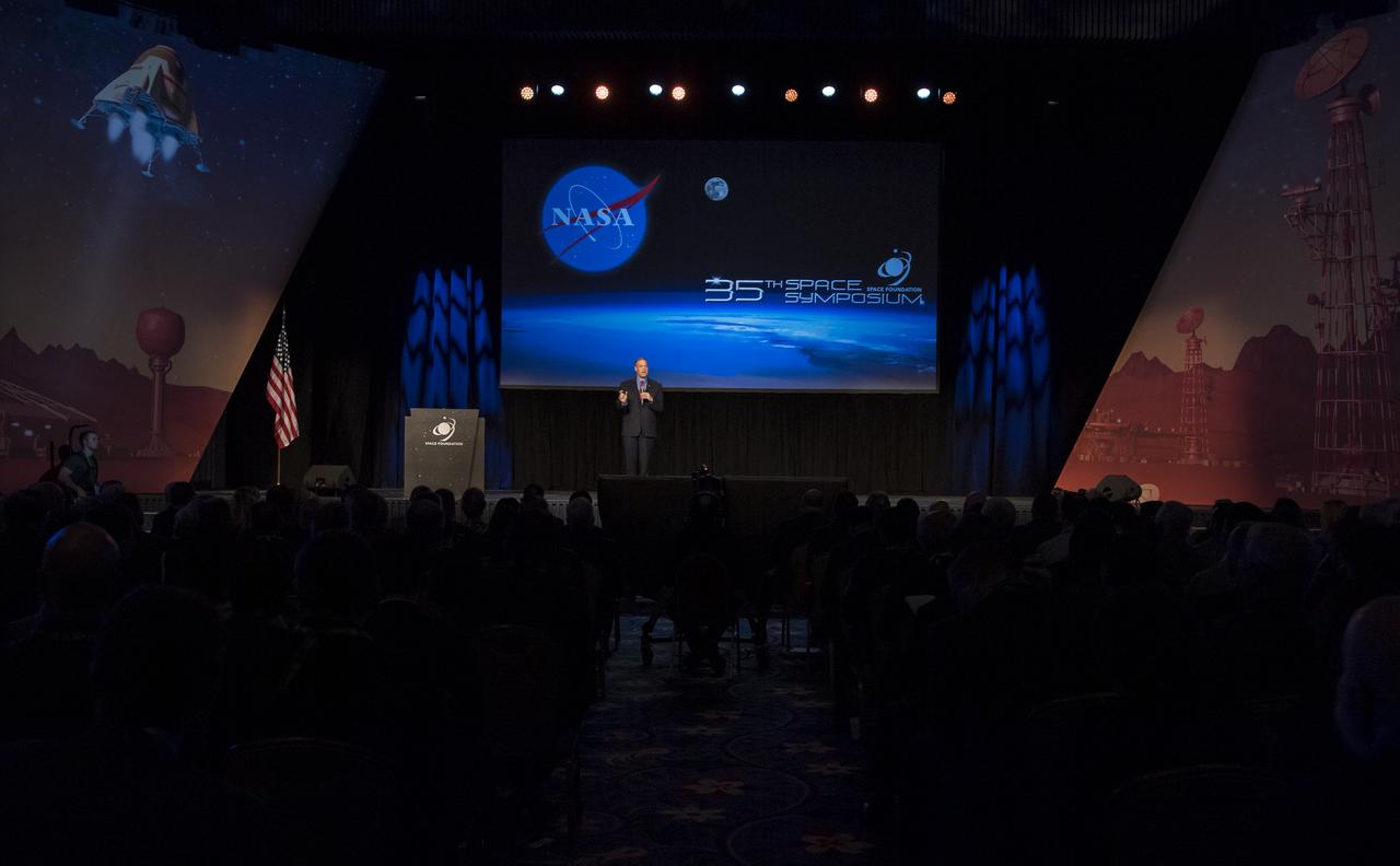 NASA Administrator Jim Bridenstine gives keynote remarks at the Space Symposium, Tuesday, April 9, 2019, at Broadmoor Hall in Colorado Springs, Colorado. Representatives from the space industry, military, and news media were in attendance. Photo credit: (NASA/Aubrey Gemignani)