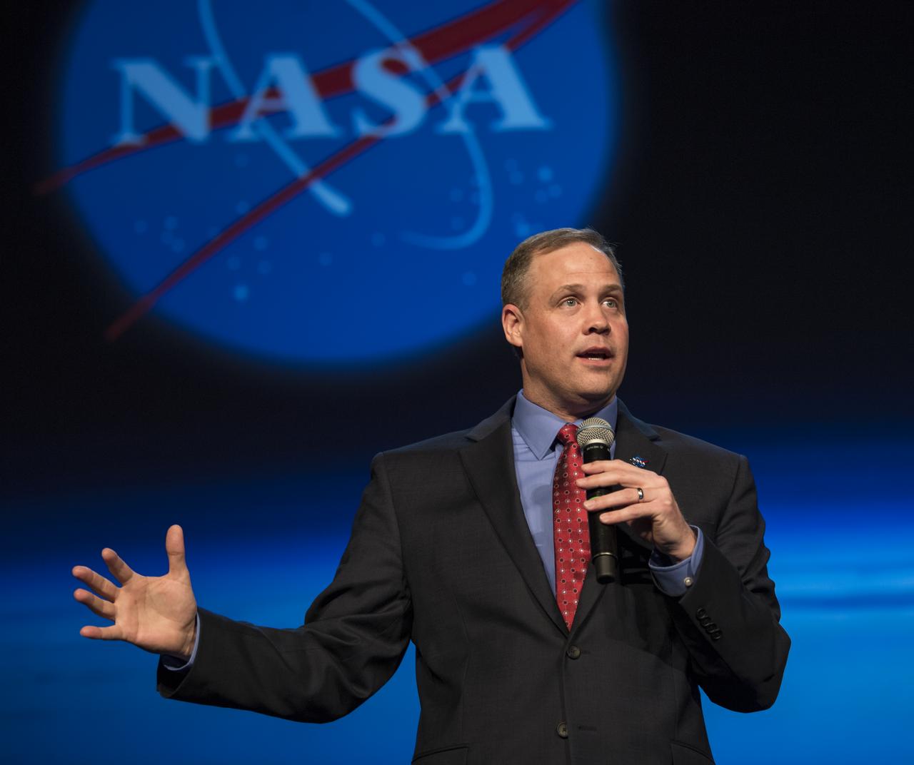 NASA Administrator Jim Bridenstine gives keynote remarks at the Space Symposium, Tuesday, April 9, 2019, at Broadmoor Hall in Colorado Springs, Colorado. Representatives from the space industry, military, and news media were in attendance. Photo credit: (NASA/Aubrey Gemignani)
