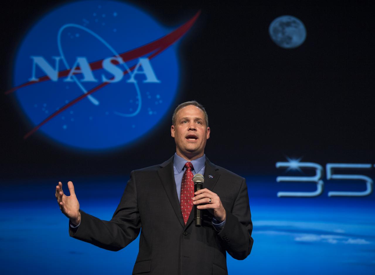 NASA Administrator Jim Bridenstine gives keynote remarks at the Space Symposium, Tuesday, April 9, 2019, at Broadmoor Hall in Colorado Springs, Colorado. Representatives from the space industry, military, and news media were in attendance. Photo credit: (NASA/Aubrey Gemignani)