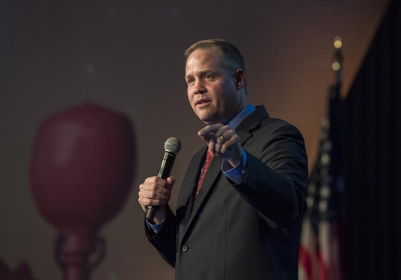 NASA Administrator Jim Bridenstine gives keynote remarks at the Space Symposium, Tuesday, April 9, 2019, at Broadmoor Hall in Colorado Springs, Colorado. Representatives from the space industry, military, and news media were in attendance. Photo credit: (NASA/Aubrey Gemignani)