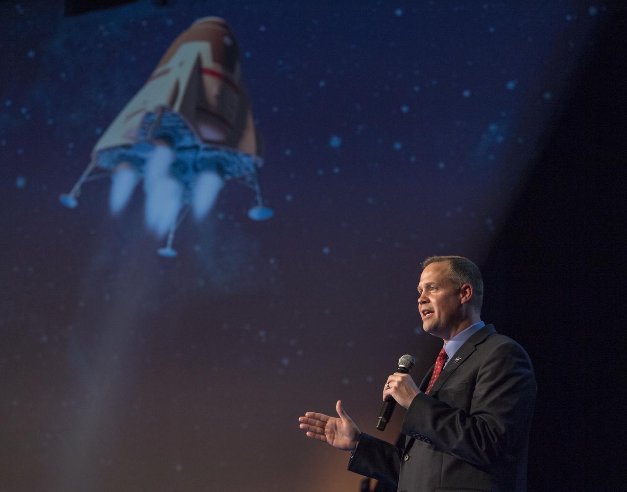 NASA Administrator Jim Bridenstine gives keynote remarks at the Space Symposium, Tuesday, April 9, 2019, at Broadmoor Hall in Colorado Springs, Colorado. Representatives from the space industry, military, and news media were in attendance. Photo credit: (NASA/Aubrey Gemignani)