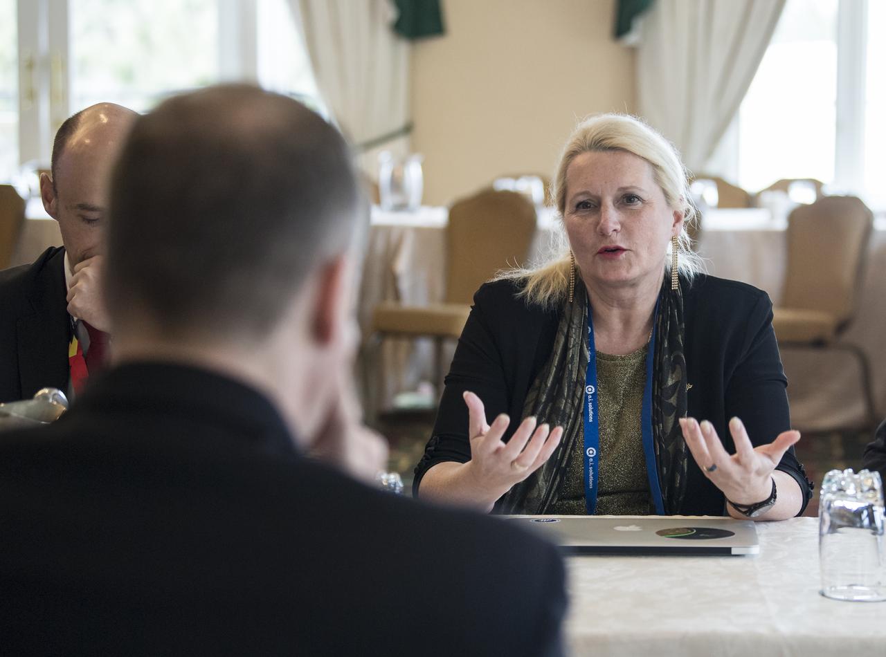 German Aerospace Center (DLR) executive board chair, Dr. Pascale Ehrenfreund, speaks with NASA Administrator Jim Bridenstine about the robust relationship between their agencies in human and robotic exploration, and prospects for cooperation as NASA pursues the landing of humans on the Moon by 2024, at the Space Symposium, Wednesday, April 10, 2019 in Colorado Springs, Colorado. Photo Credit: (NASA/Aubrey Gemignani)