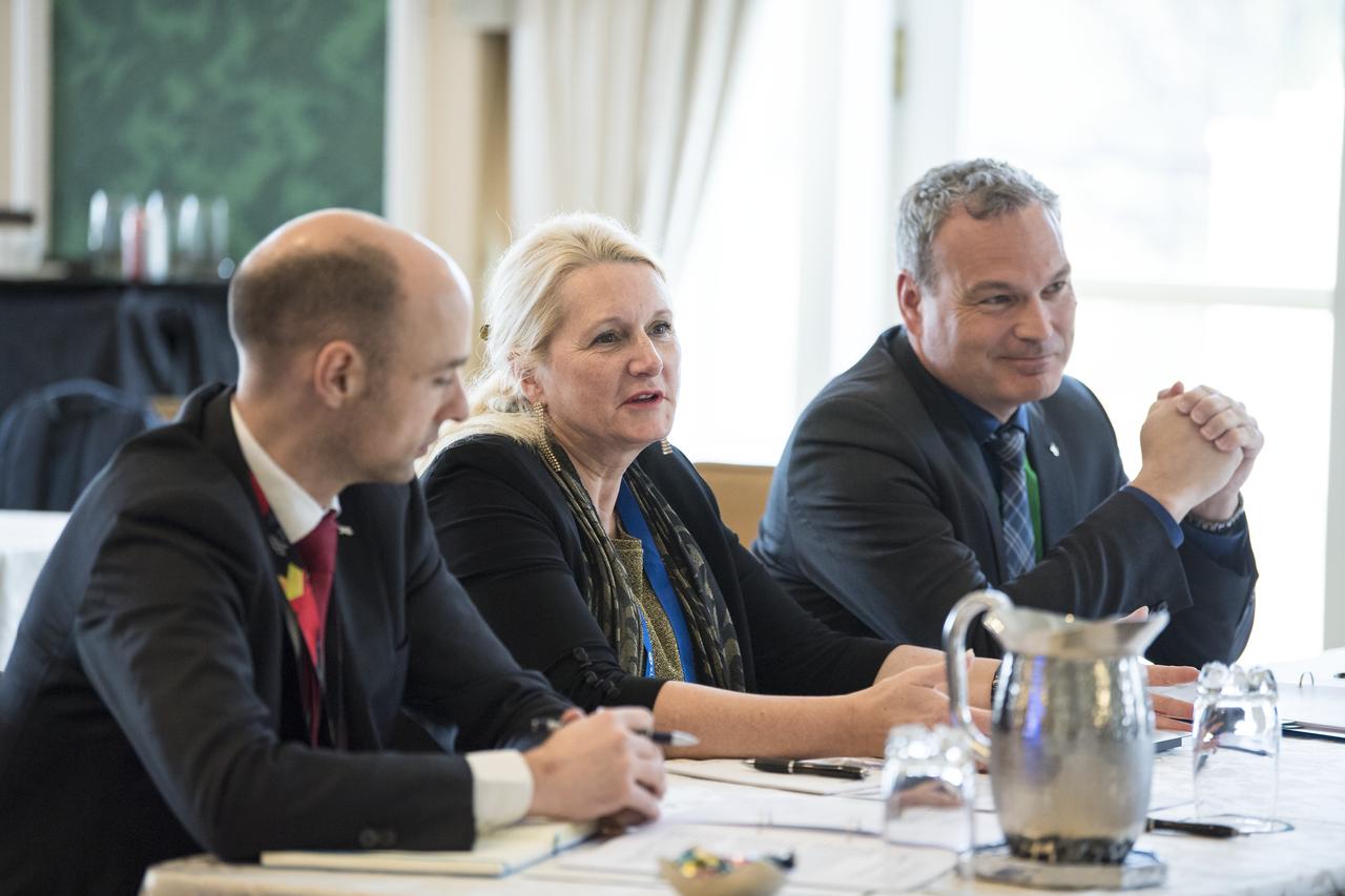 German Aerospace Center (DLR) executive board chair, Dr. Pascale Ehrenfreund, center, speaks with NASA Administrator Jim Bridenstine about the robust relationship between their agencies in human and robotic exploration, and prospects for cooperation as NASA pursues the landing of humans on the Moon by 2024, at the Space Symposium, Wednesday, April 10, 2019 in Colorado Springs, Colorado. Photo Credit: (NASA/Aubrey Gemignani)
