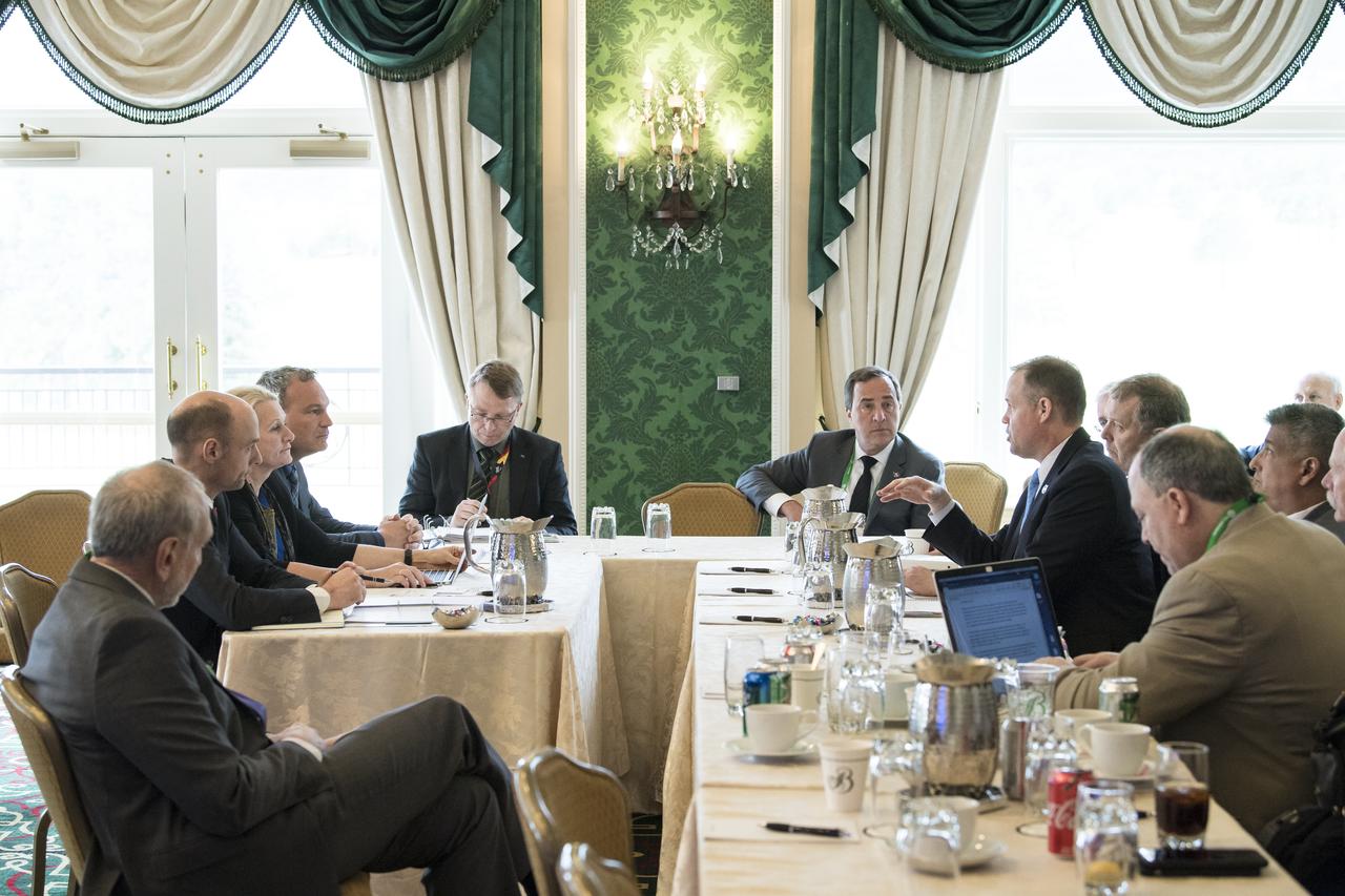 NASA Administrator Jim Bridenstine speaks with German Aerospace Center (DLR) executive board chair, Dr. Pascale Ehrenfreund, about the robust relationship between their agencies in human and robotic exploration, and prospects for cooperation as NASA pursues the landing of humans on the Moon by 2024, at the Space Symposium, Wednesday, April 10, 2019 in Colorado Springs, Colorado. Photo Credit: (NASA/Aubrey Gemignani)