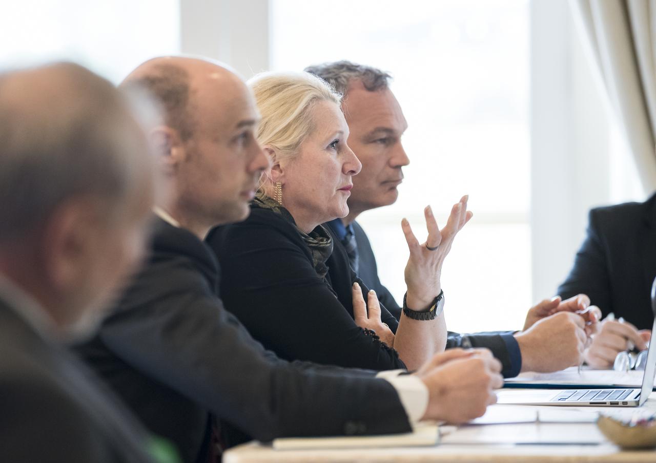 German Aerospace Center (DLR) executive board chair, Dr. Pascale Ehrenfreund, center, speaks with NASA Administrator Jim Bridenstine about the robust relationship between their agencies in human and robotic exploration, and prospects for cooperation as NASA pursues the landing of humans on the Moon by 2024, at the Space Symposium, Wednesday, April 10, 2019 in Colorado Springs, Colorado. Photo Credit: (NASA/Aubrey Gemignani)