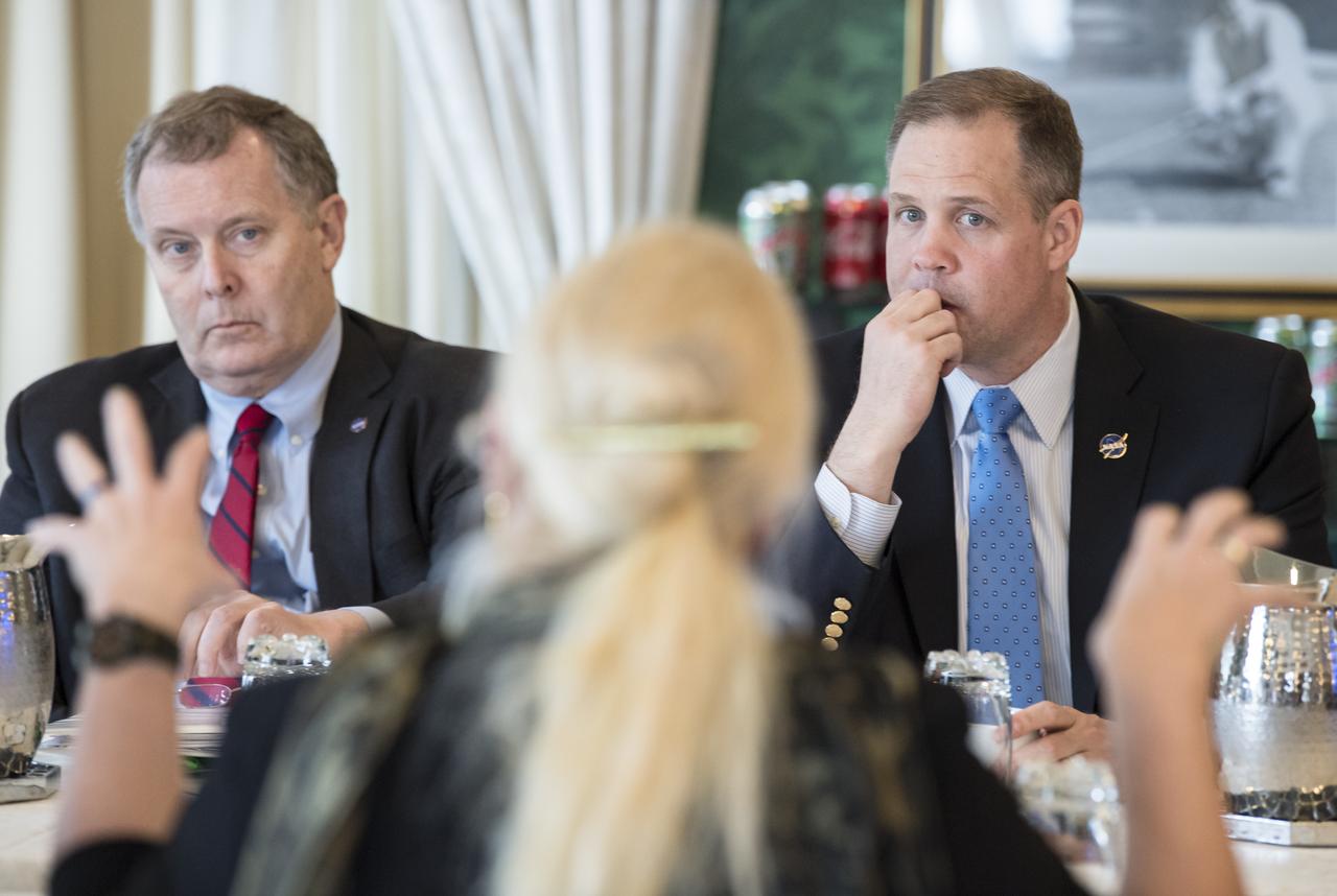 NASA Administrator Jim Bridenstine, right, and Deputy Administrator Jim Morhard listen as German Aerospace Center (DLR) executive board chair, Dr. Pascale Ehrenfreund, speaks about the robust relationship between their agencies in human and robotic exploration, and prospects for cooperation as NASA pursues the landing of humans on the Moon by 2024, at the Space Symposium, Wednesday, April 10, 2019 in Colorado Springs, Colorado. Photo Credit: (NASA/Aubrey Gemignani)