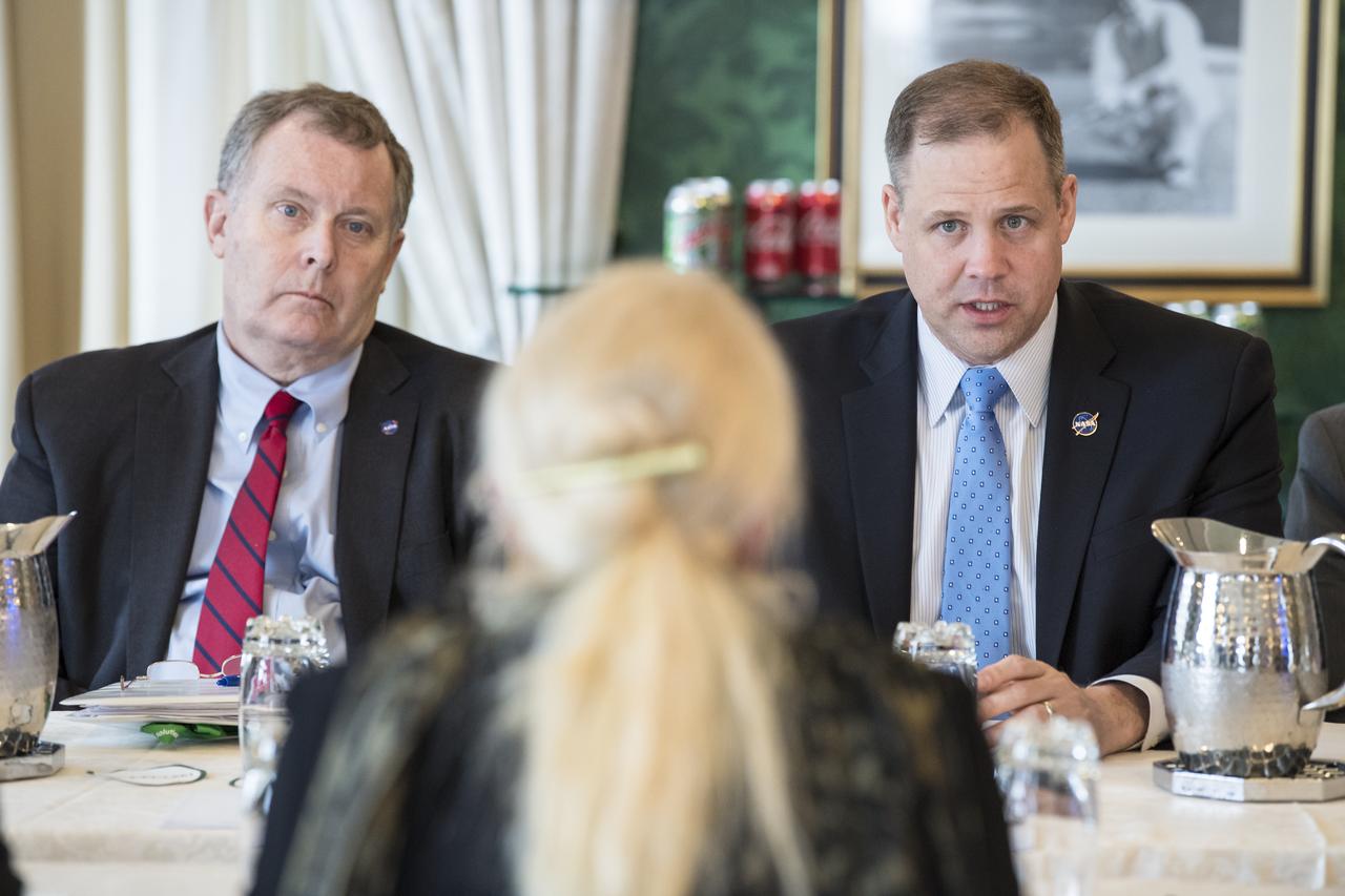 NASA Administrator Jim Bridenstine, right, speaks with German Aerospace Center (DLR) executive board chair, Dr. Pascale Ehrenfreund, about the robust relationship between their agencies in human and robotic exploration, and prospects for cooperation as NASA pursues the landing of humans on the Moon by 2024, at the Space Symposium, Wednesday, April 10, 2019 in Colorado Springs, Colorado. Photo Credit: (NASA/Aubrey Gemignani)