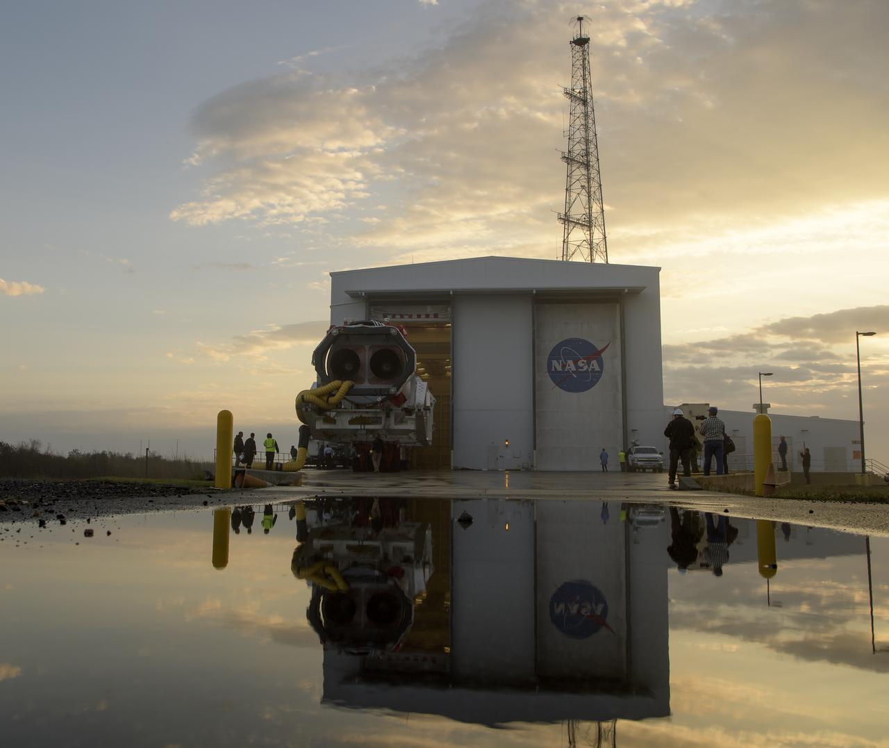 A Northrop Grumman Antares rocket is seen as it rolls out to Pad-0A, Monday, April 15, 2019 at NASA's Wallops Flight Facility in Virginia. Northrop Grumman’s 11th contracted cargo resupply mission with NASA to the International Space Station will deliver about 7,600 pounds of science and research, crew supplies and vehicle hardware to the orbital laboratory and its crew. Photo Credit: (NASA/Bill Ingalls)