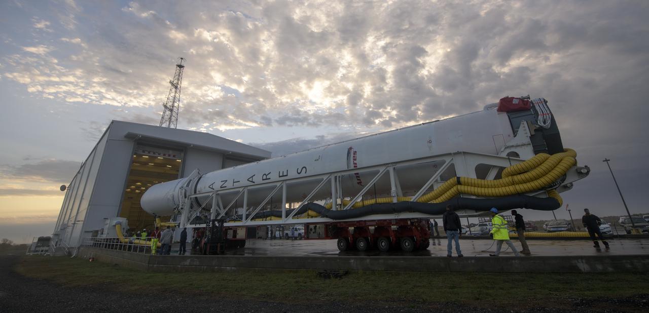 A Northrop Grumman Antares rocket is seen as it rolls out to Pad-0A, Monday, April 15, 2019 at NASA's Wallops Flight Facility in Virginia. Northrop Grumman’s 11th contracted cargo resupply mission with NASA to the International Space Station will deliver about 7,600 pounds of science and research, crew supplies and vehicle hardware to the orbital laboratory and its crew. Photo Credit: (NASA/Bill Ingalls)